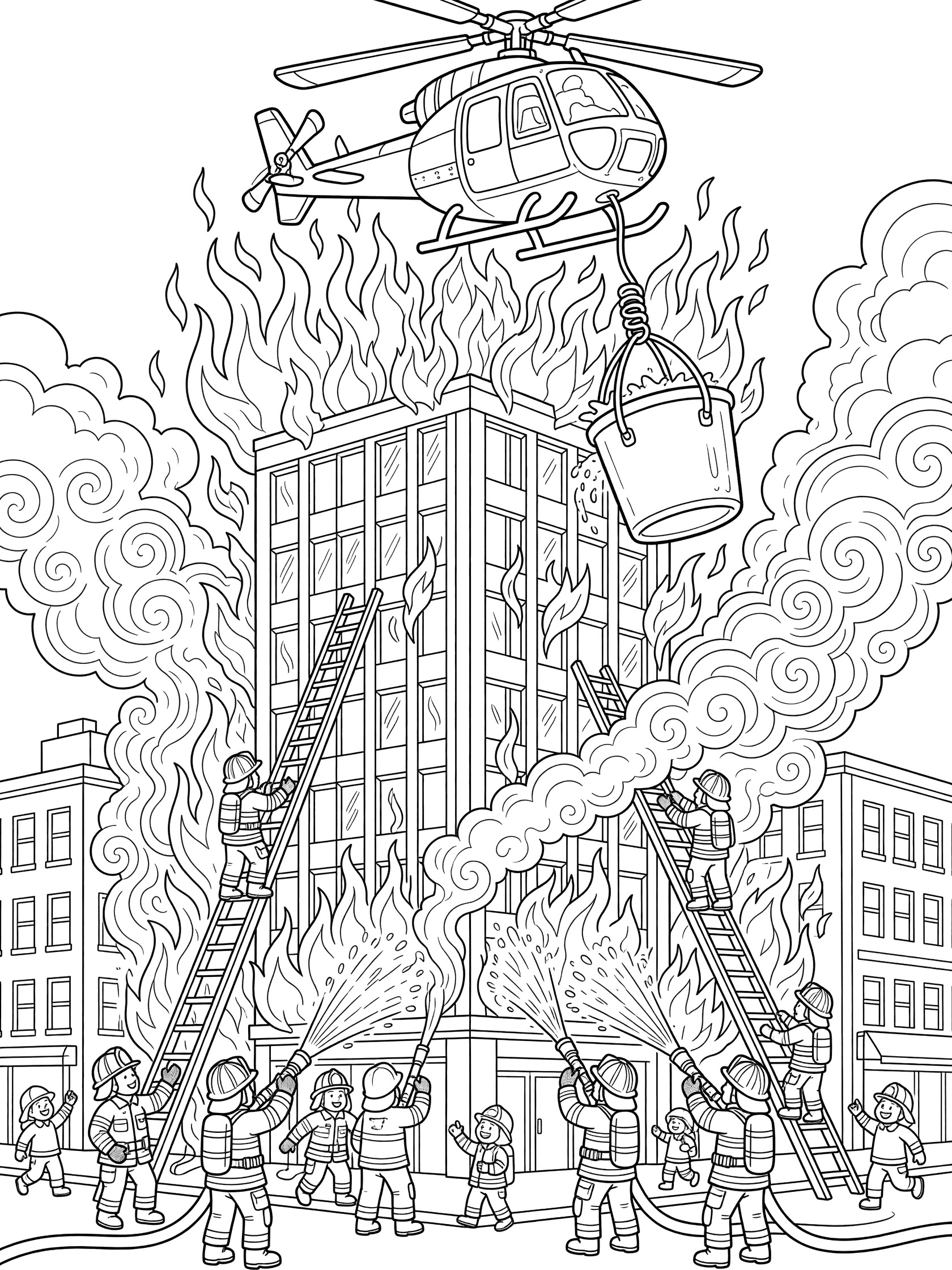 Black and white coloring page showing a fire helicopter with dangling water bucket above a city skyscraper on fire, firefighters climbing ladders and spraying hoses below.