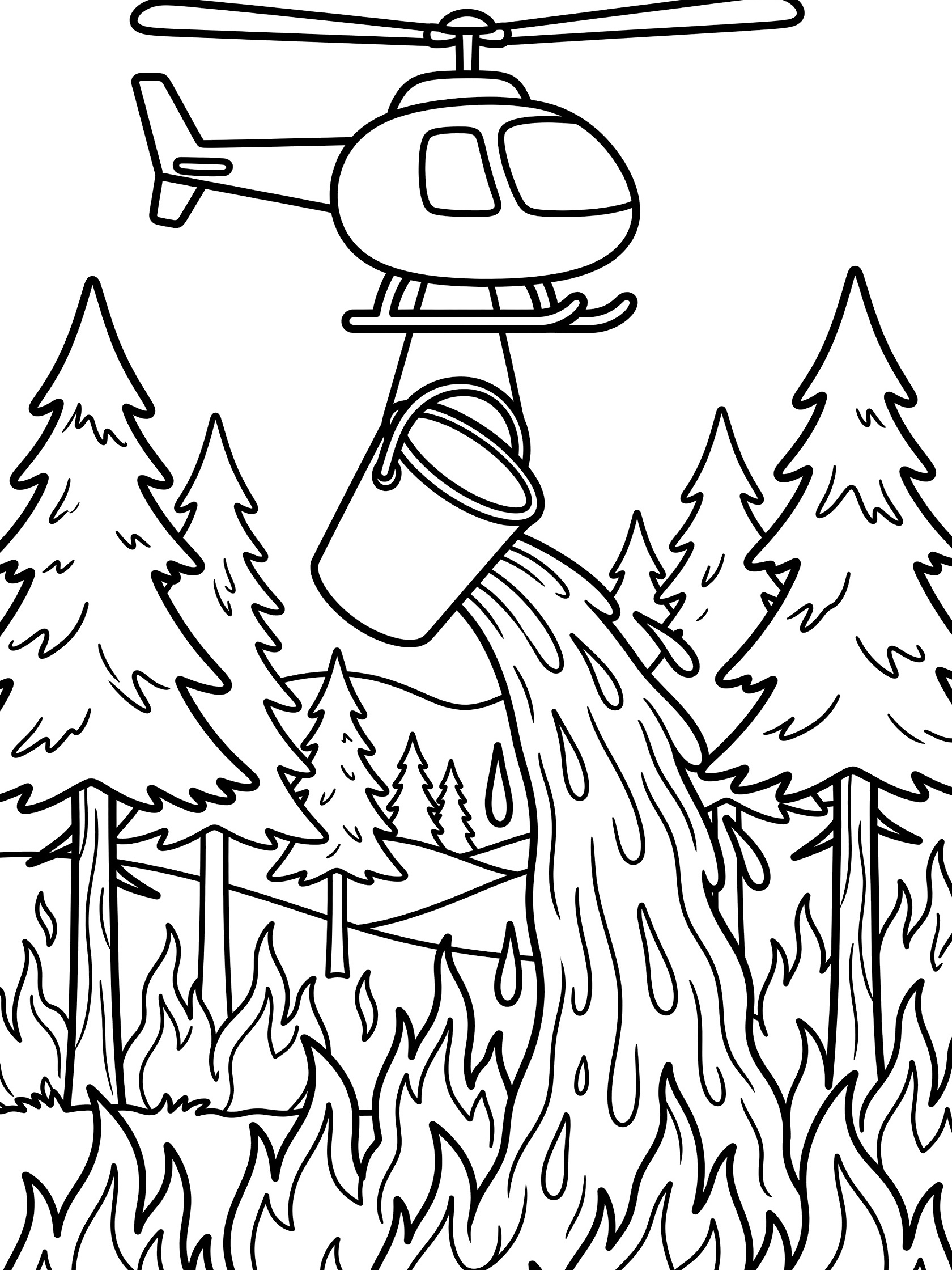 Black and white line art of a fire helicopter dropping a water bucket on a burning forest with pine trees and flames for easy kids coloring
