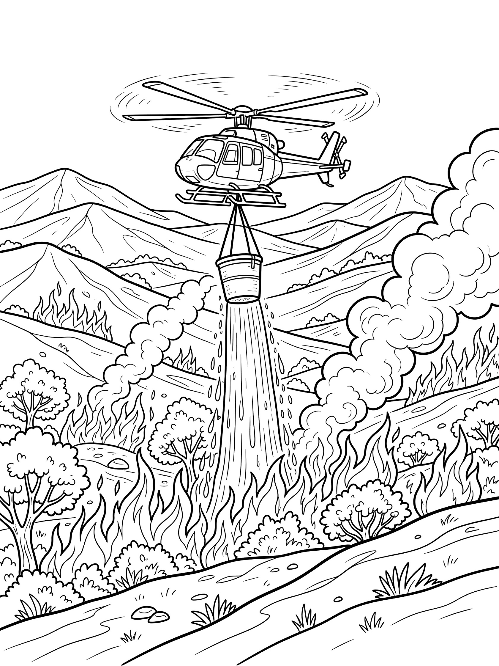 Black and white line art coloring page showing a fire helicopter with spinning rotors dangling a large bucket pouring water onto flames engulfing trees and bushes on rugged wildfire hills with billowing smoke.