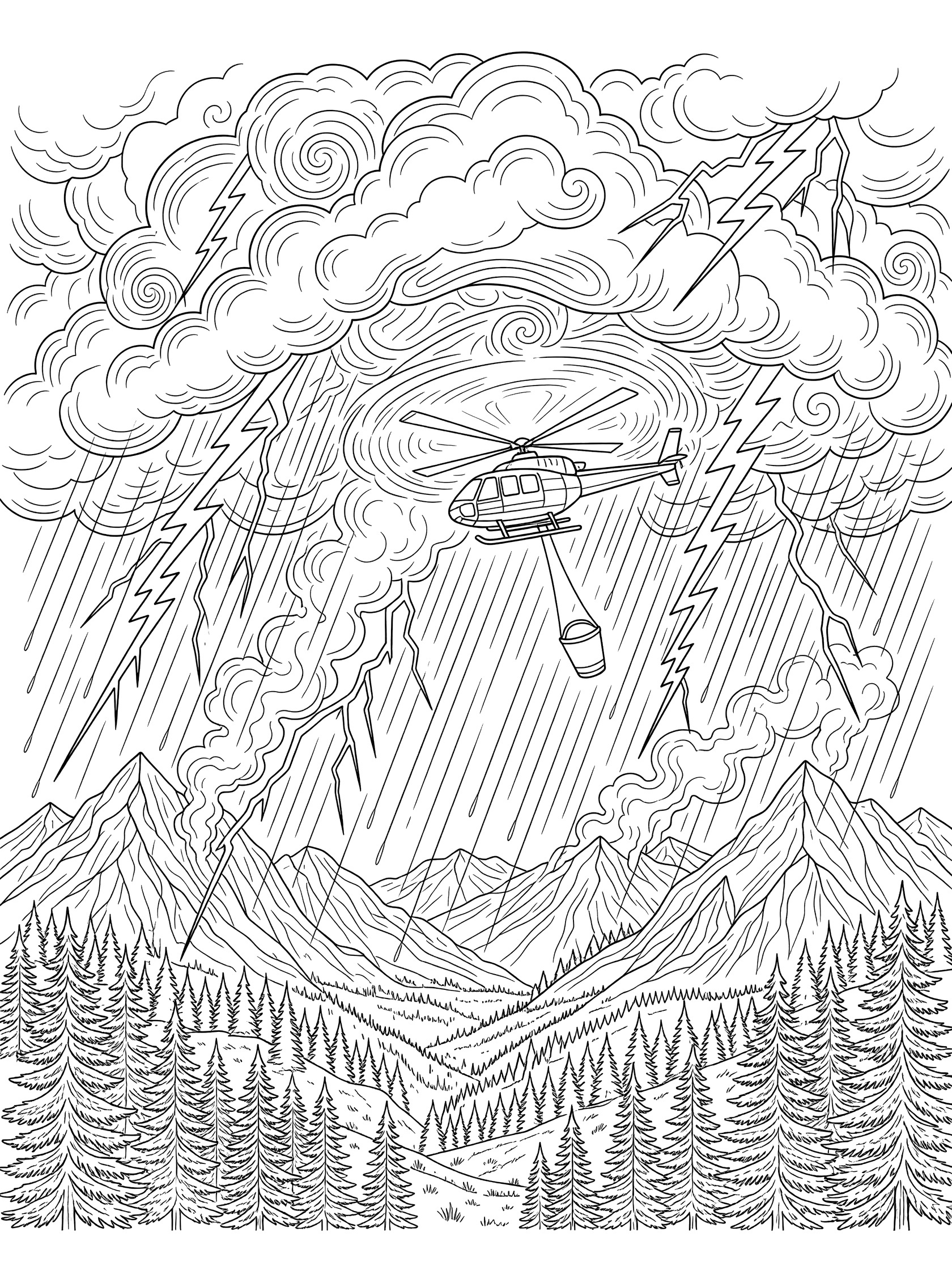 Black-and-white coloring page of a fire helicopter tilting with dangling water bucket and spinning rotors, flying dynamically through massive storm clouds with lightning bolts and rain, above rugged mountains, forests, and distant wildfire smoke.