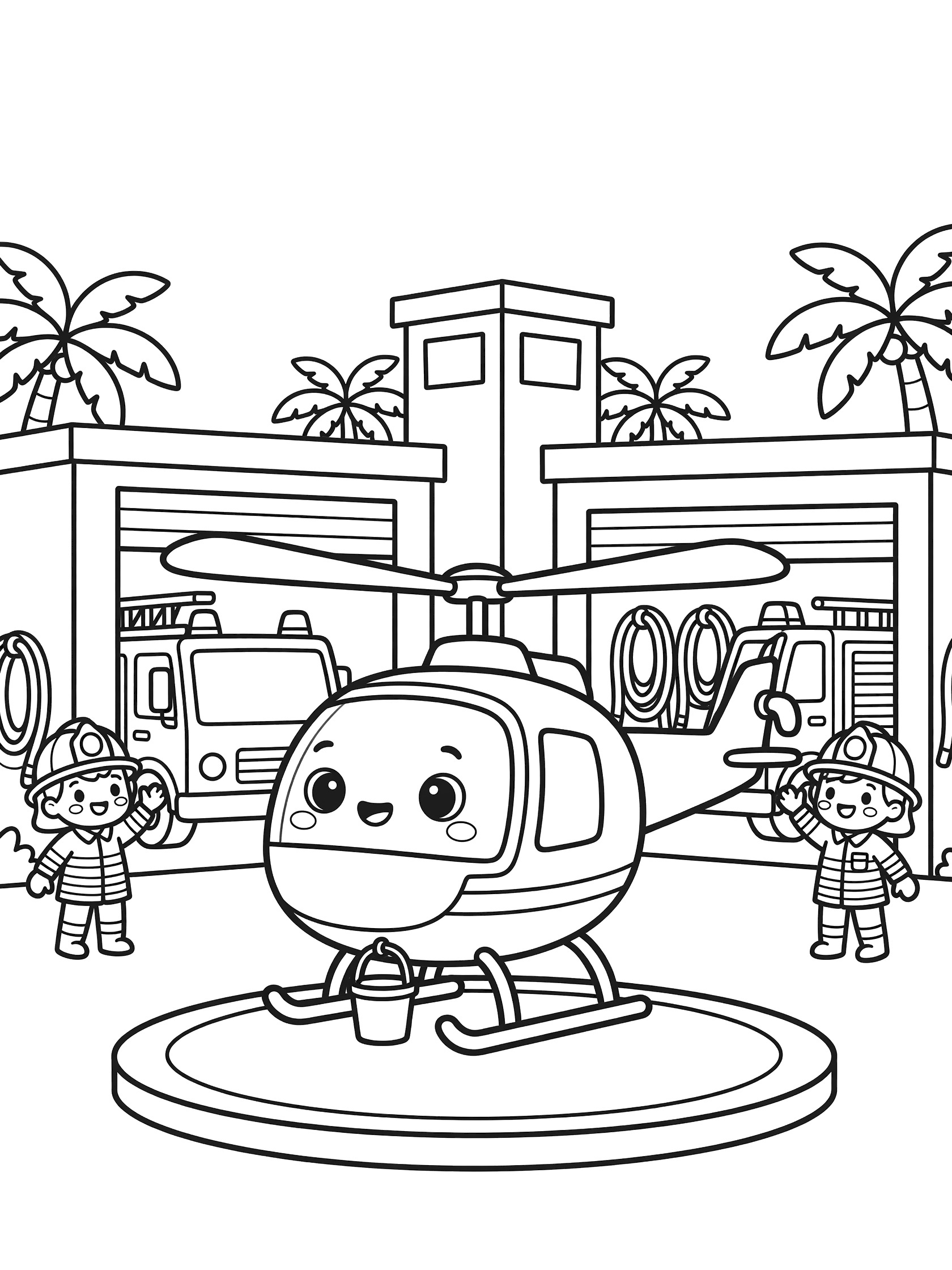 Cute cartoon fire helicopter with friendly eyes and dangling water bucket landing on helipad at fire station coloring page, firefighters waving nearby, open garage with fire truck.