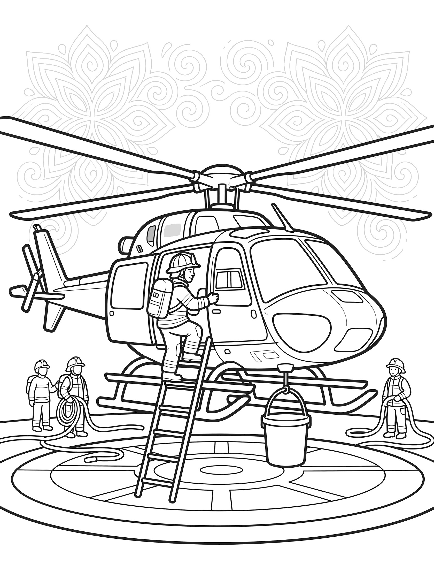 Line art coloring page showing a fire helicopter parked on helipad with side door open, two firefighters climbing ladder inside, water bucket hanging, rotor blades, pontoons, hoses, and mandala patterns.