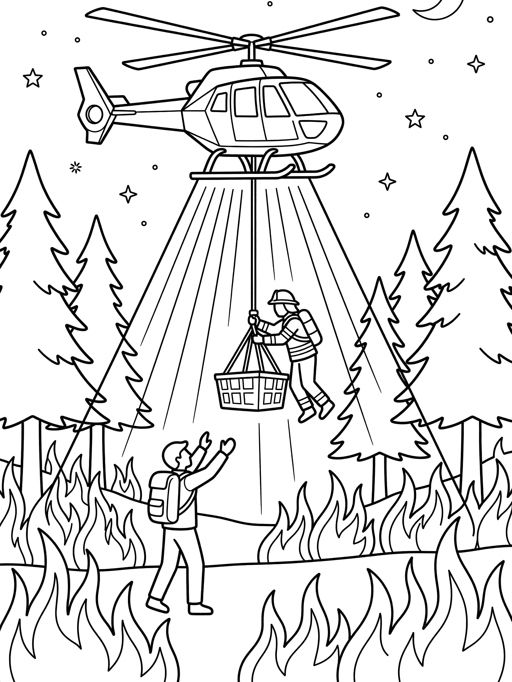 Black and white line art of a fire helicopter at night with spotlight beam on a firefighter lowering a basket to a hiker near flames and pine trees in a starry sky.