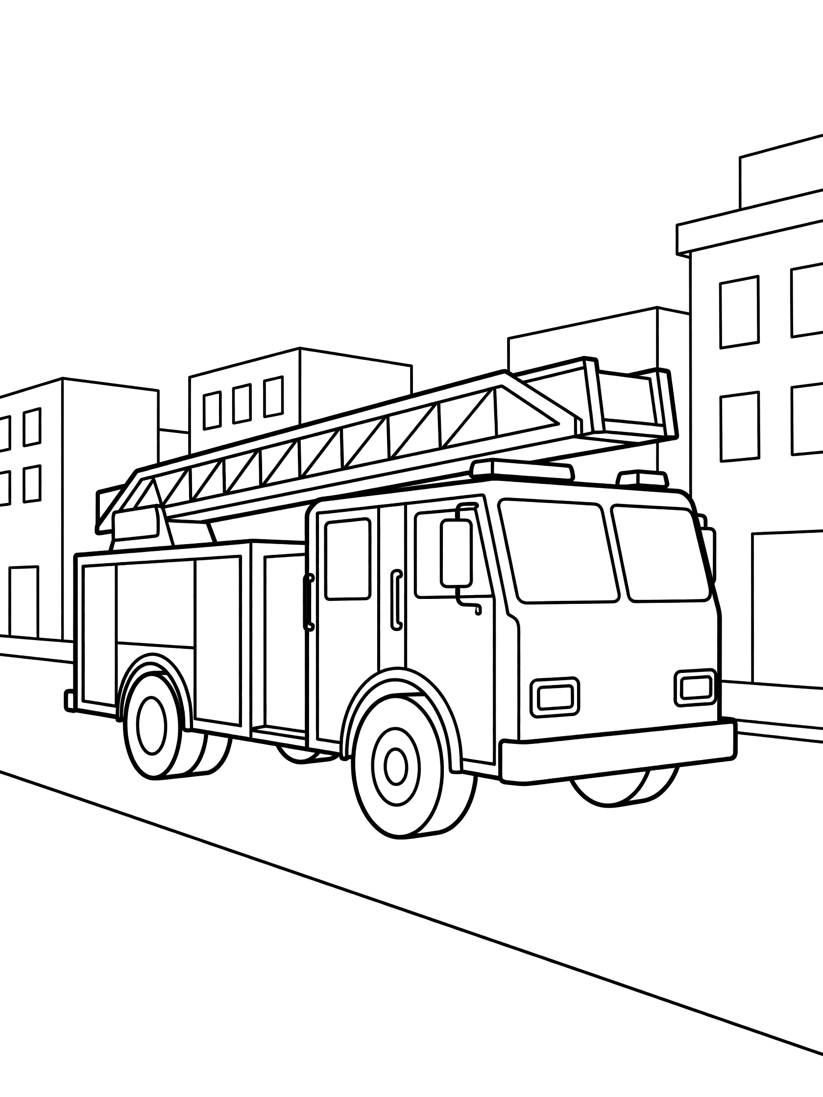 Black and white line art coloring page showing a fire ladder truck with folded ladder on top speeding down a city street lined with buildings. Rescue Truck themed black and white printable line art