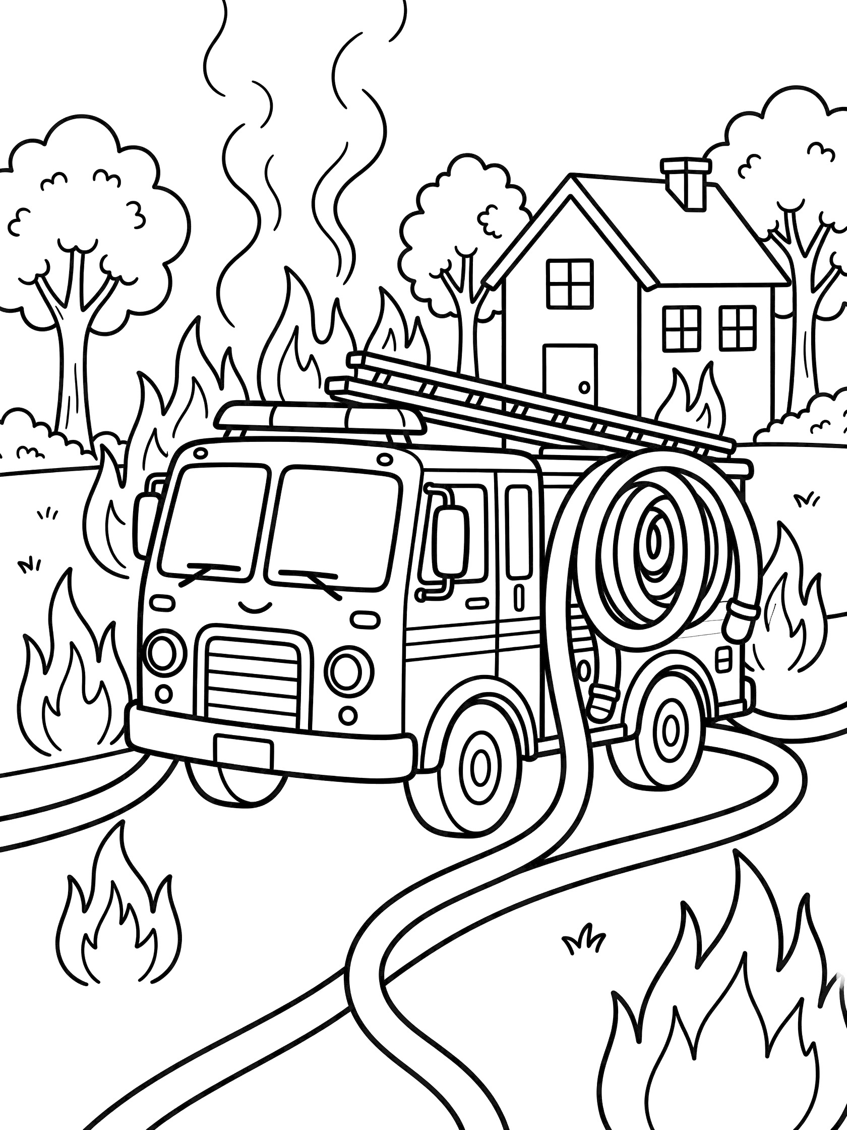 Black and white line art coloring page showing a cartoon fire truck parked on a road near a house with flames and smoke rising, trees around, hoses coiled on the truck. Ladder Truck themed black and white printable line art