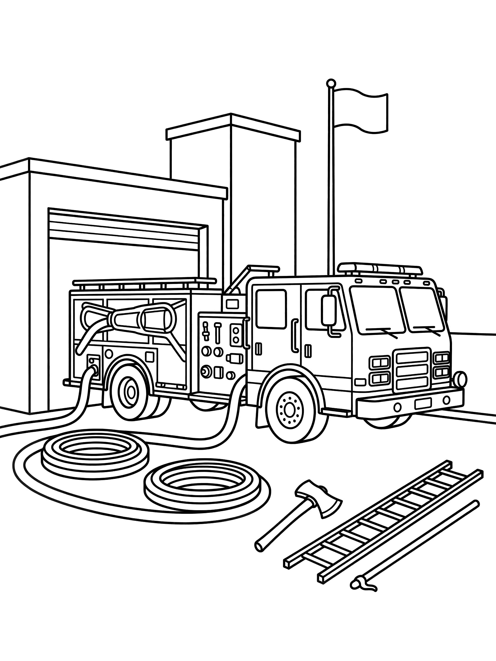 Black and white line art coloring page showing a detailed fire pumper truck parked in front of an open fire station garage. Coiled hoses, wheels, axe, ladder, tower with flagpole visible. Fire Engine themed black and white printable line art
