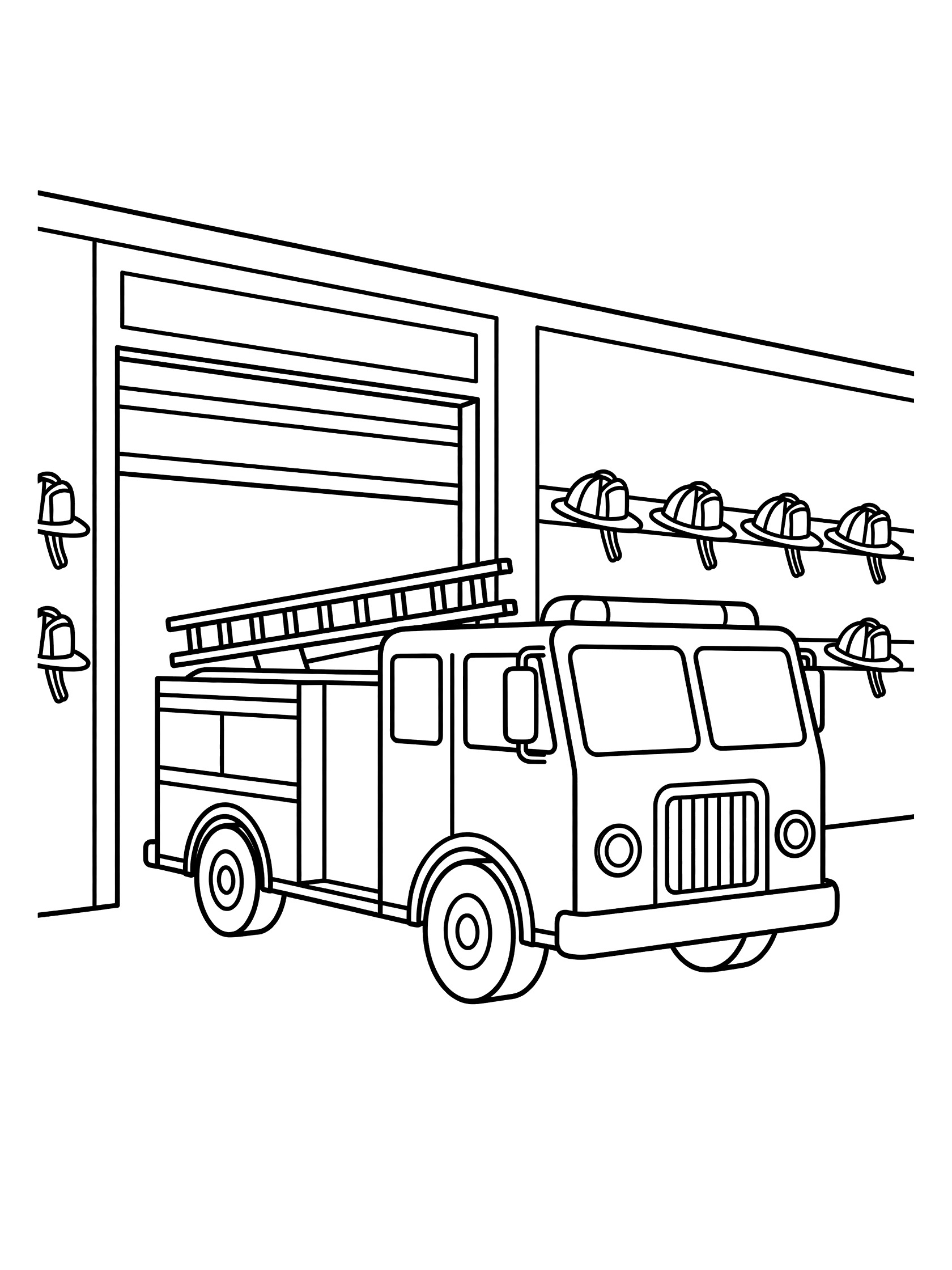 Black and white line art coloring page showing a fire truck parked outside an open fire station door with firefighter helmets hanging on the wall. Ladder Truck themed black and white printable line art