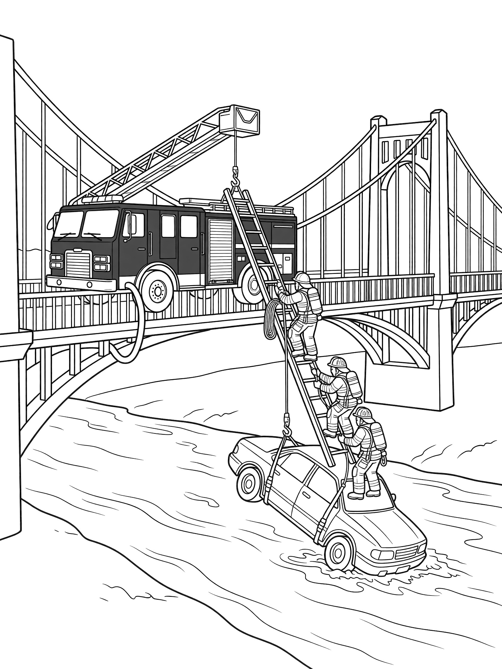 Black-and-white coloring page of a fire truck on a suspension bridge using its ladder and ropes to rescue a dangling car over a river with firefighters in action.