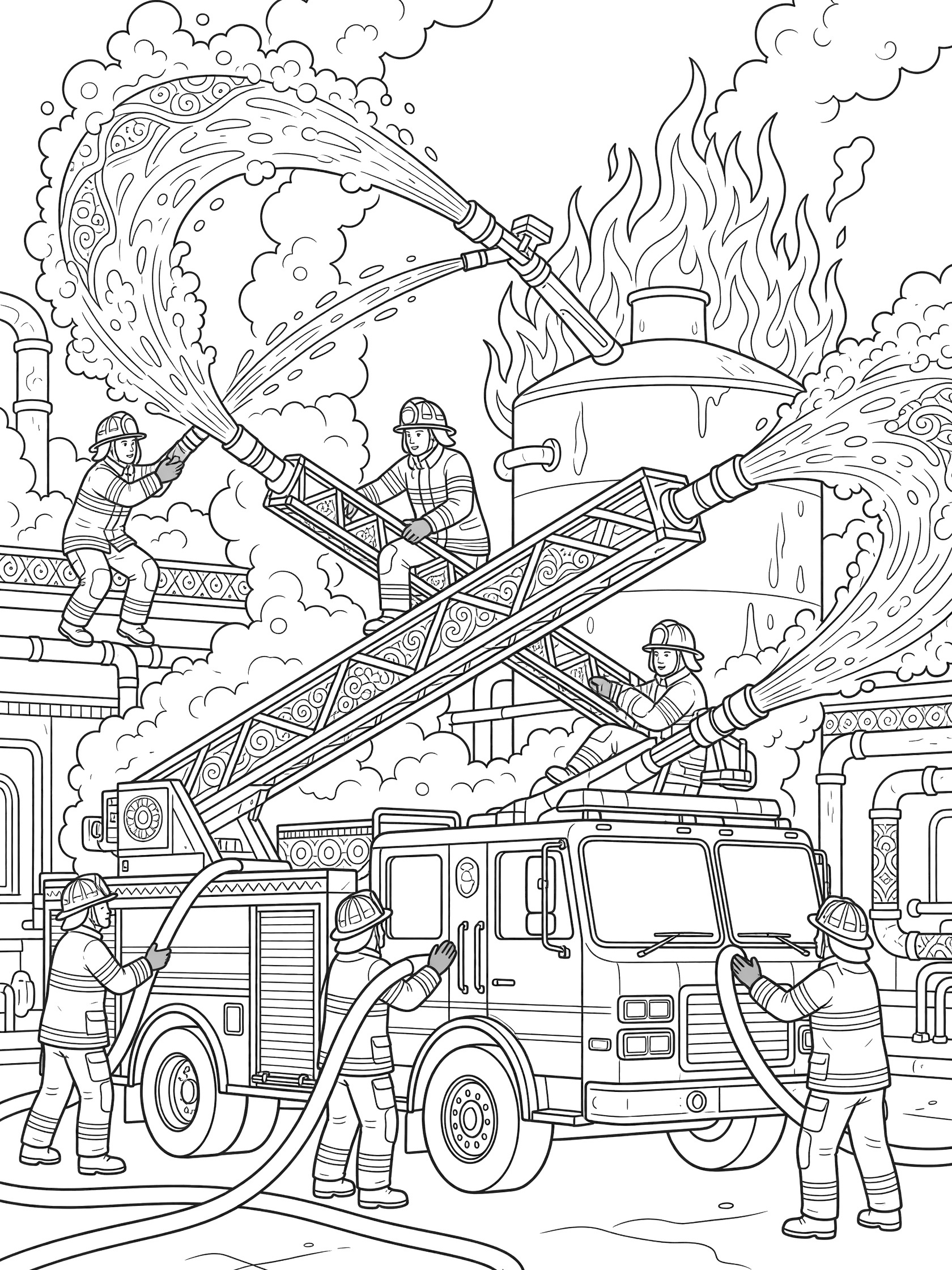 Detailed black and white coloring page of a fire truck with foam streams fighting a fire on a chemical tank, firefighters on ladder and truck.