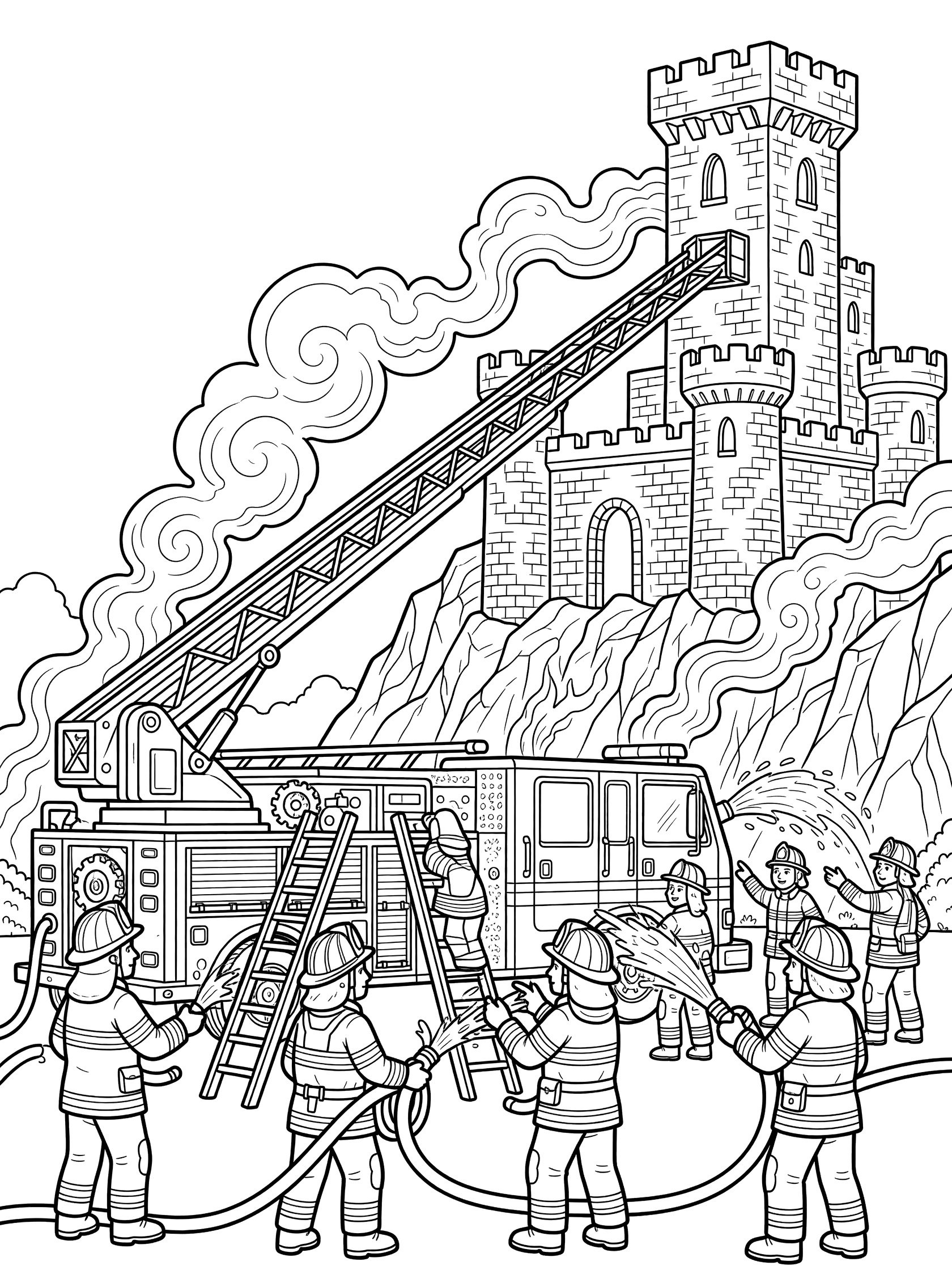 Detailed coloring page showing ladder truck with extended ladder rescuing firefighters at a tall castle on fire, smoke and hoses visible.