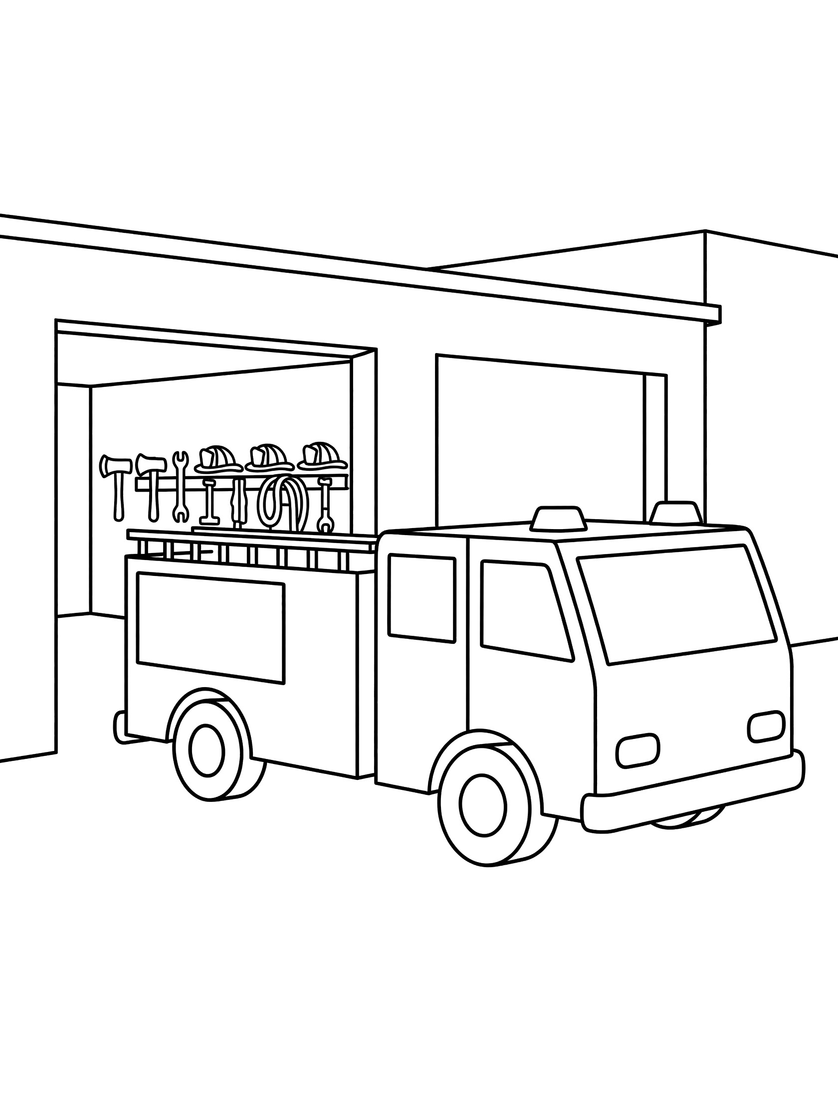 Black and white line art coloring page showing a fire truck leaving a fire station. Open garage doors, hanging helmets and tools visible, clean outlines on white background. Rescue Truck themed black and white printable line art