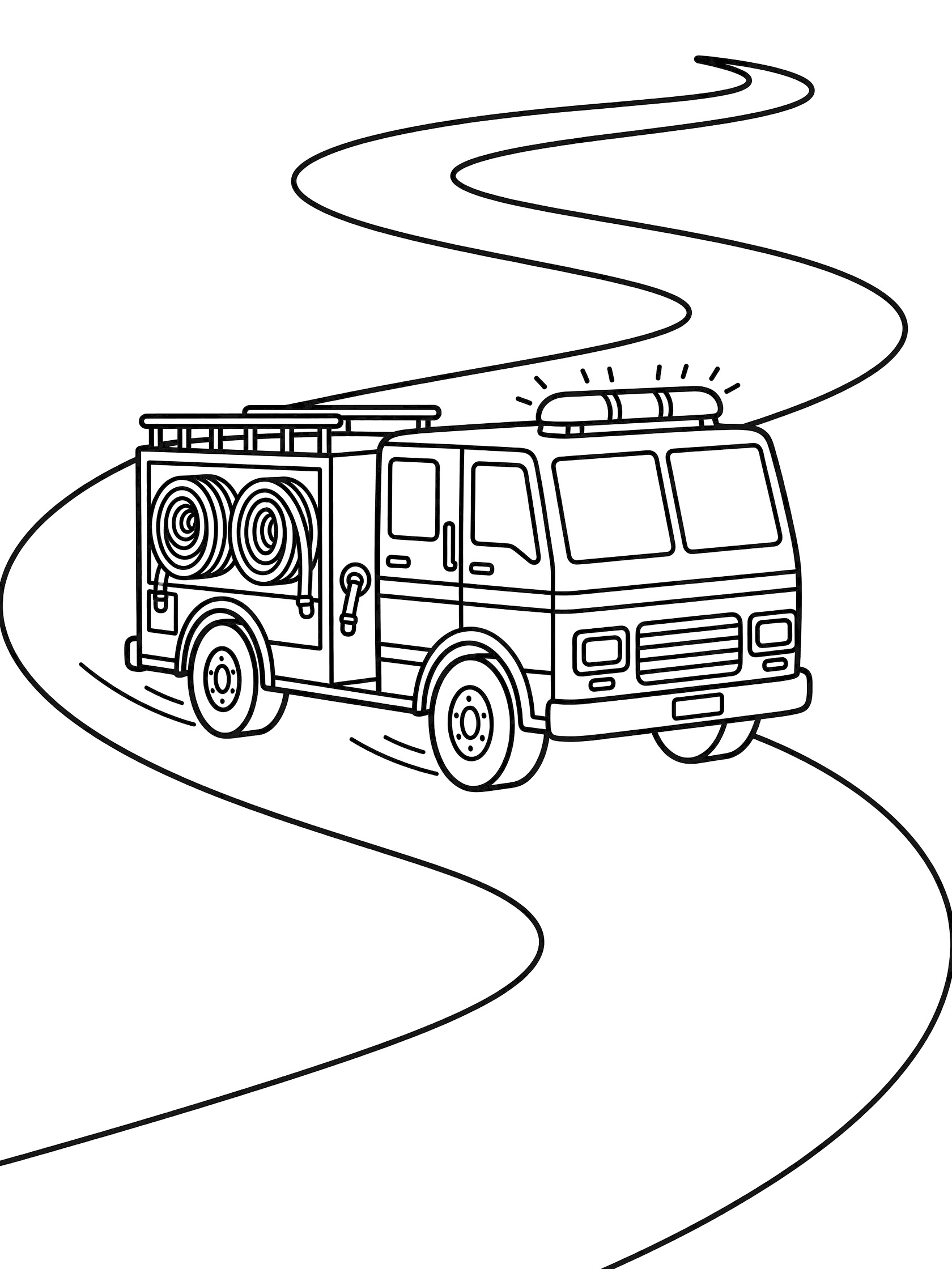 Black and white line art coloring page showing a fire truck with sirens, hoses, and large wheels driving fast on a winding road. Fire Engine themed black and white printable line art