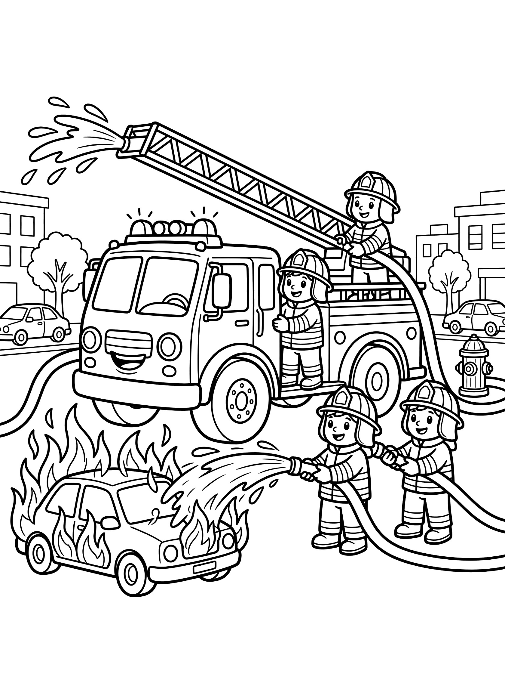 Black and white coloring page showing a cheerful fire truck with big wheels and blinking lights spraying water from hoses onto a burning car. Firefighters in helmets stand on the truck, fire hydrant connected, buildings and trees in background.