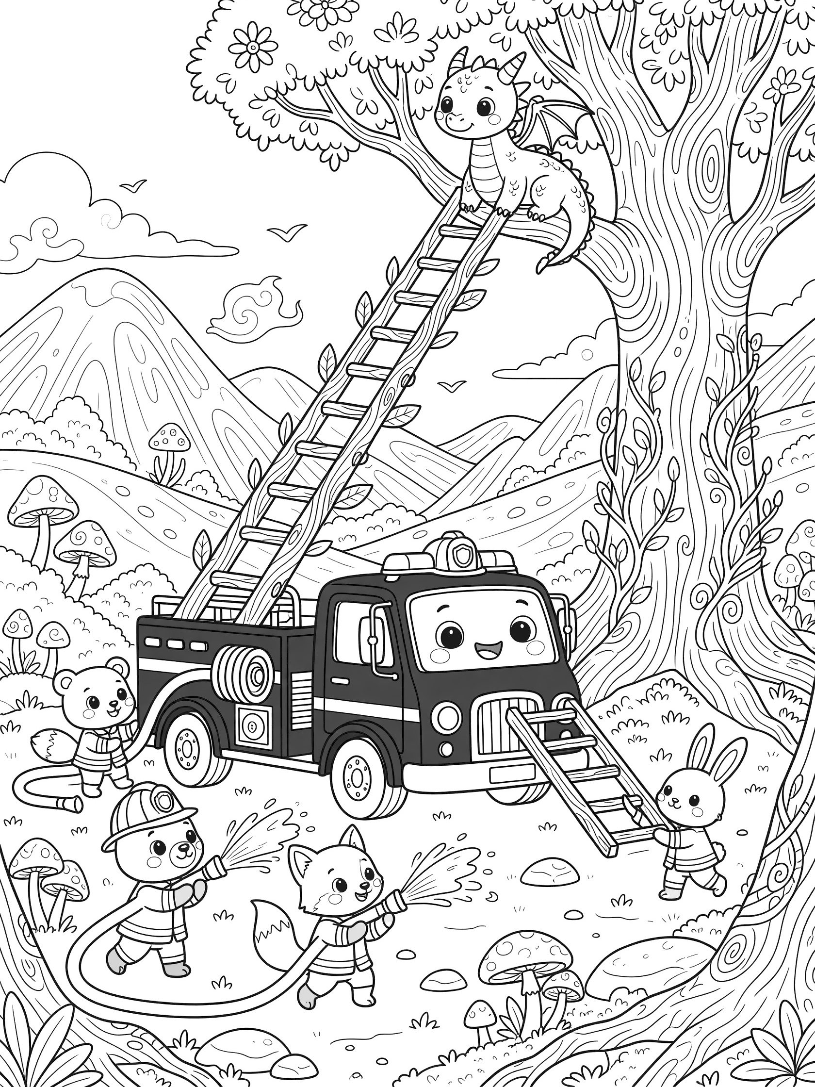 Cute cartoon coloring page showing a fire truck rescue scene: firefighters with ladder rescuing baby dragon from tree, surrounded by forest animals and mushrooms.