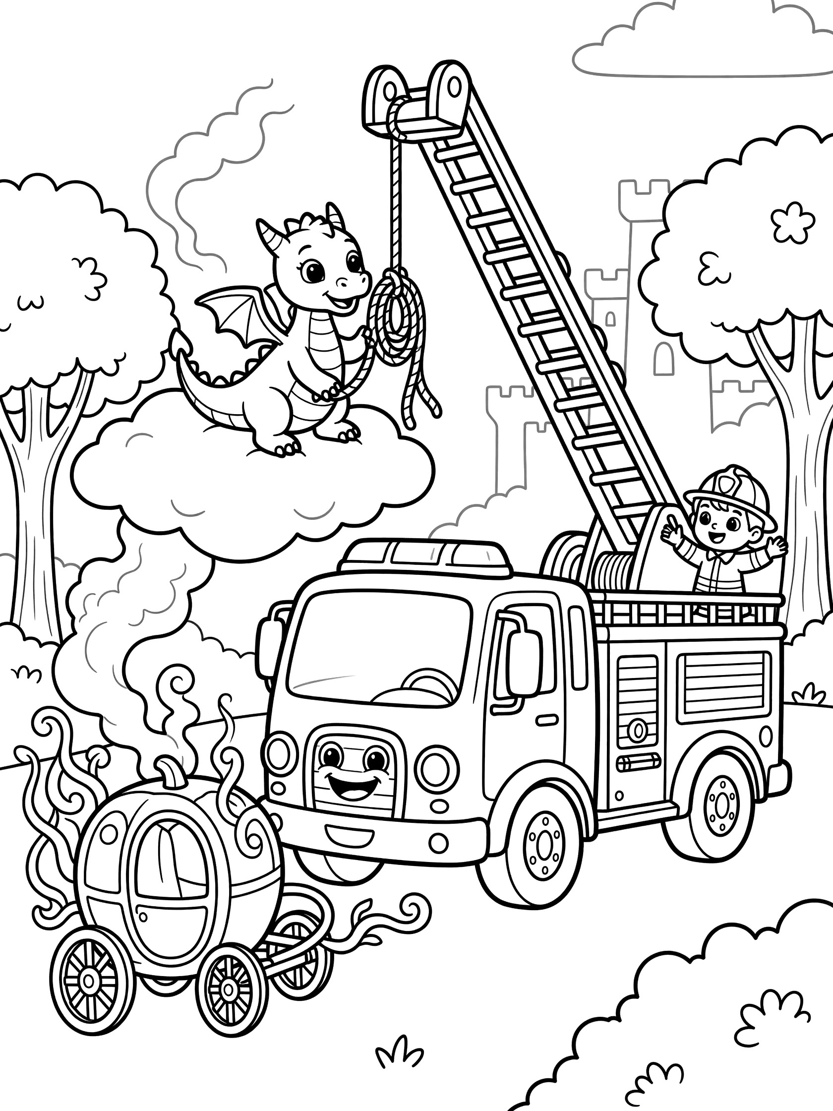Black and white coloring page showing a whimsical fire truck rescue scene with a friendly dragon, perfect for preschool children.