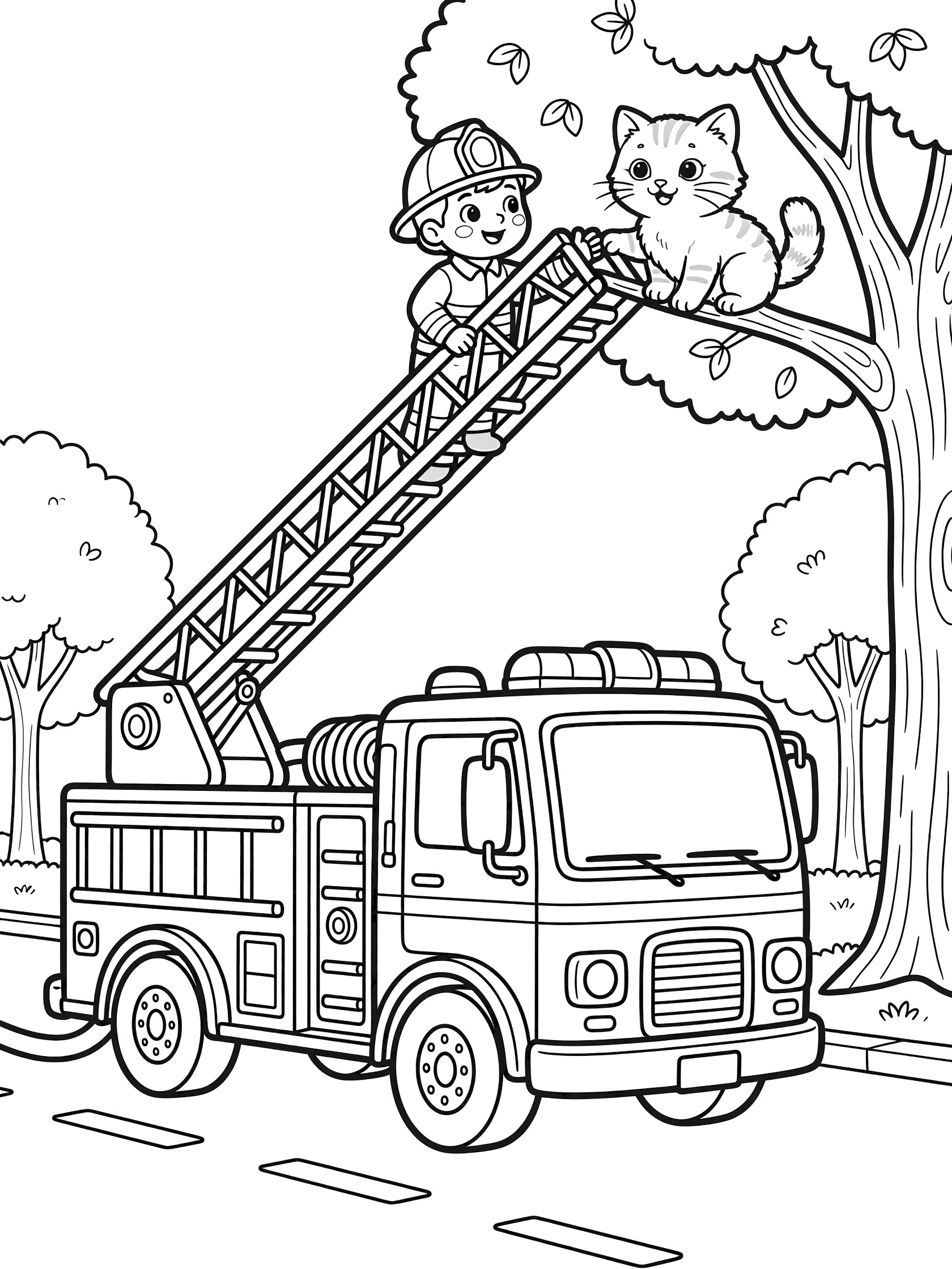 Black and white coloring page showing a fire truck parked on road with extended ladder reaching a tree where a kitten sits on a branch, and a firefighter climbing the ladder. Rescue Truck themed black and white printable line art