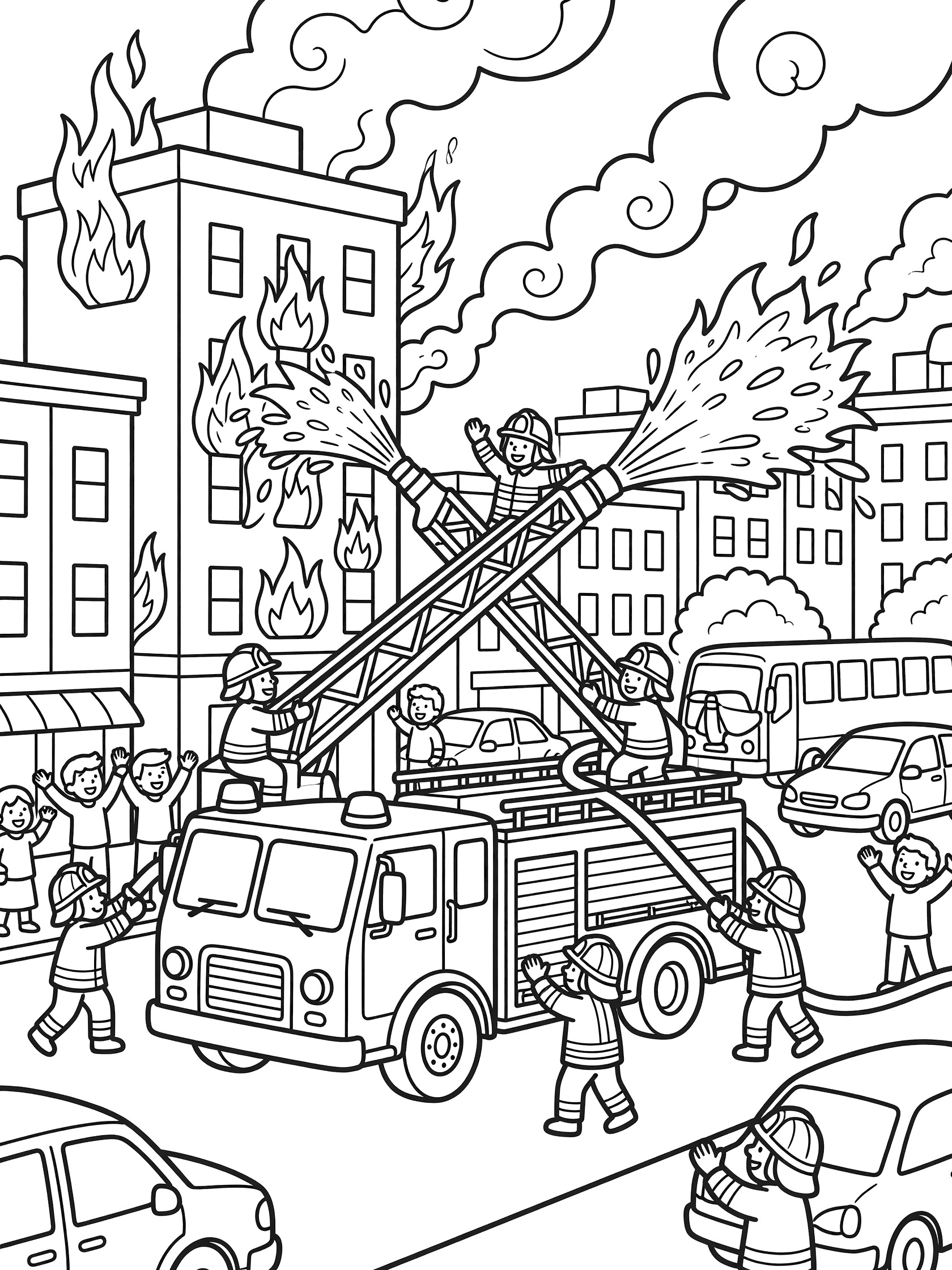 Black and white line art coloring page showing a fire truck spraying powerful water jets from hoses at a flaming apartment building, firefighters on the extended ladder, swirling smoke, parked cars, and cheering crowd.
