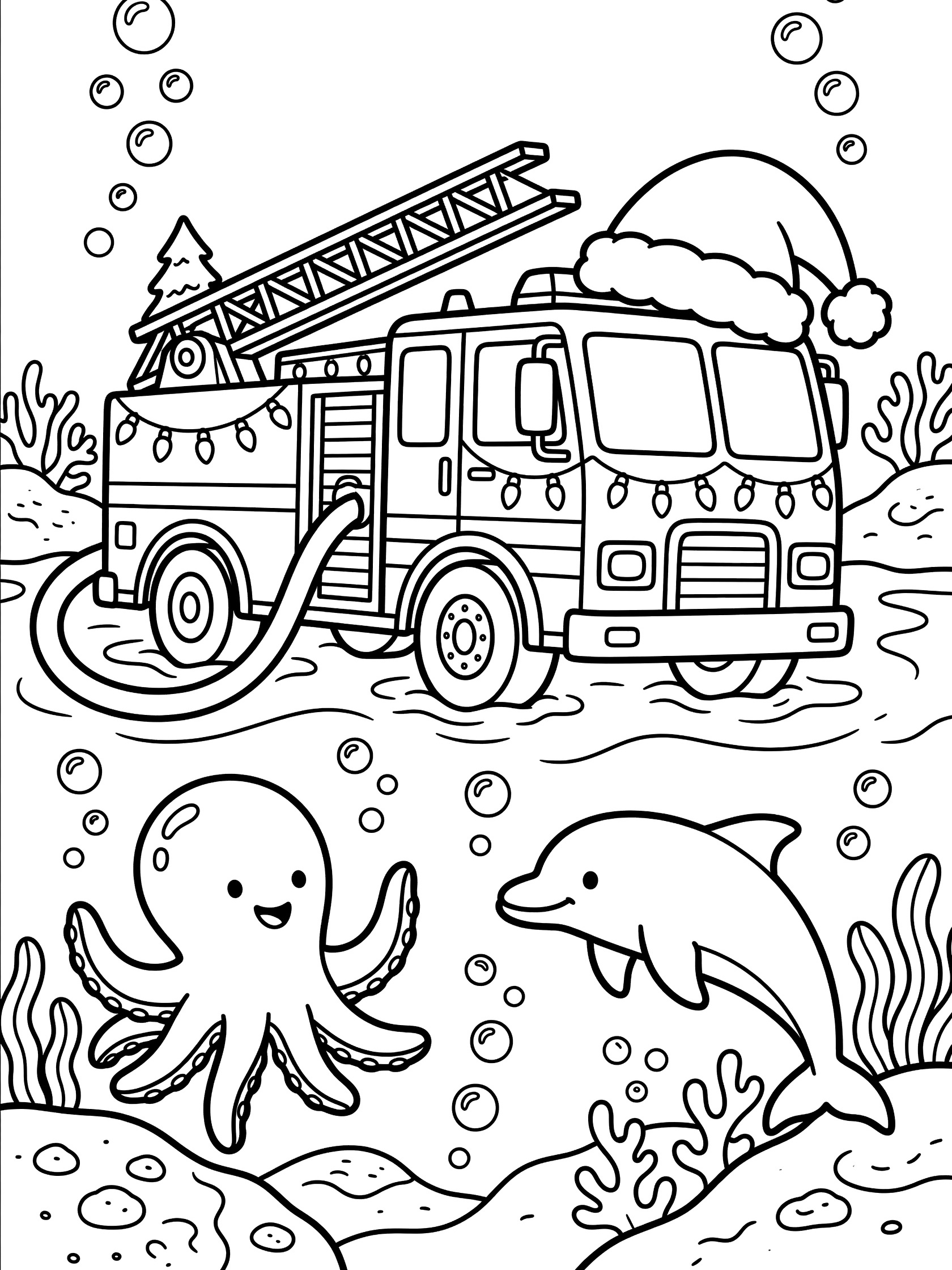 Printable coloring page showing fire truck rescue scene underwater with octopus helping dolphin near Christmas tree, bold lines for elementary kids.