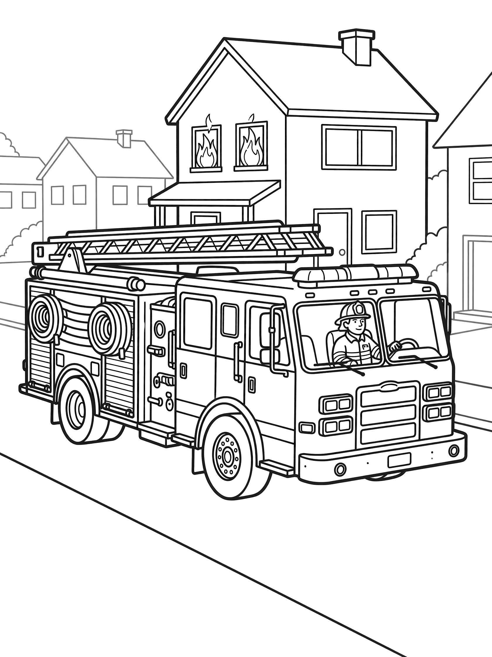 Black and white line art coloring page showing a firefighter in a fire truck with siren lights, ladder, and hoses heading to a house with flames from the window on a residential street.