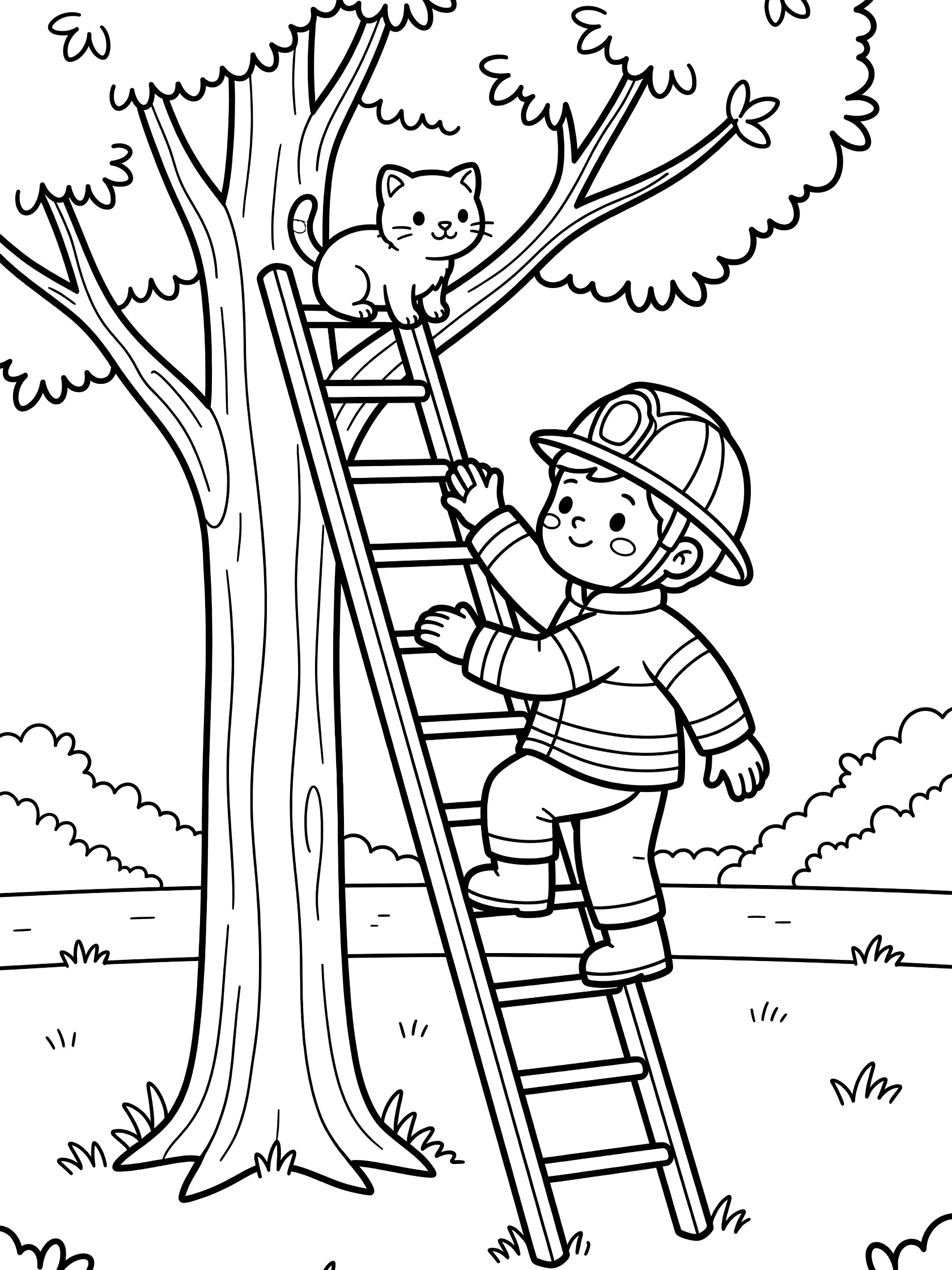Black and white line art coloring page showing a cartoon firefighter in helmet and gear climbing a tall ladder against a tree to save a stuck kitten on a high branch.