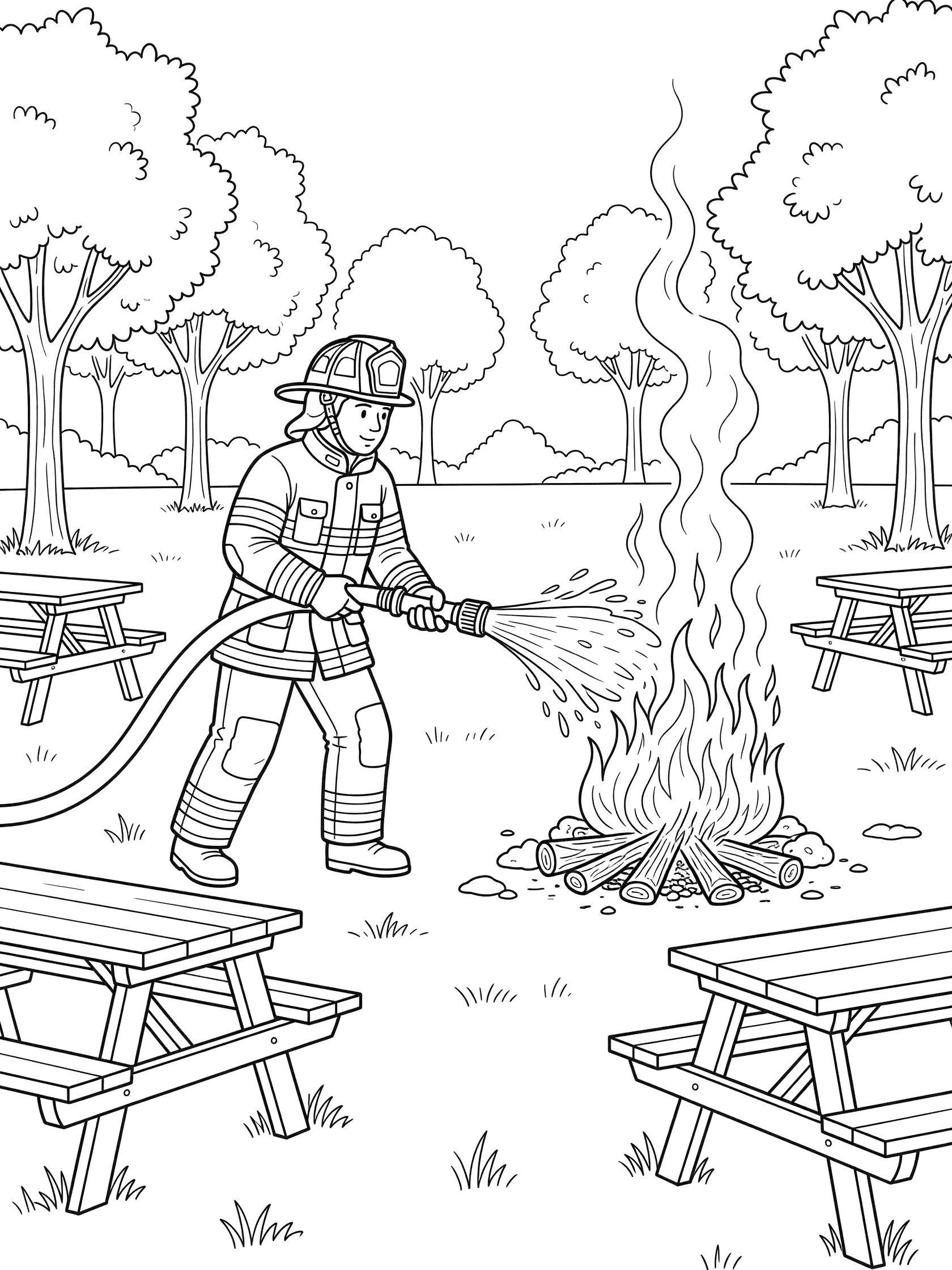 Black and white line art of a firefighter aiming a hose at a campfire surrounded by trees and picnic tables in a park