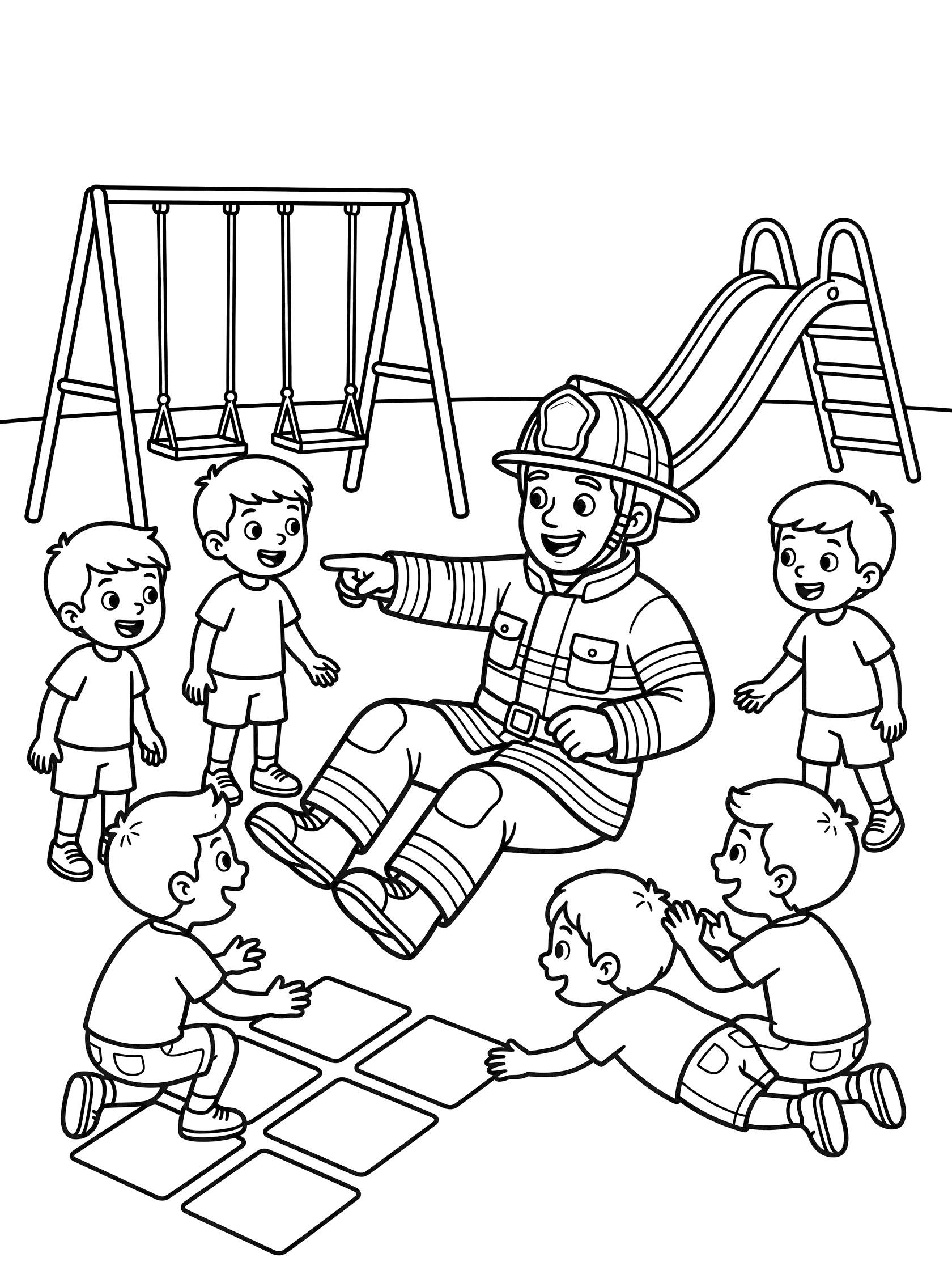 Black-and-white coloring page of cheerful firefighter in gear demonstrating stop-drop-and-roll on playground ground while group of kids watch and mimic around swings and slide