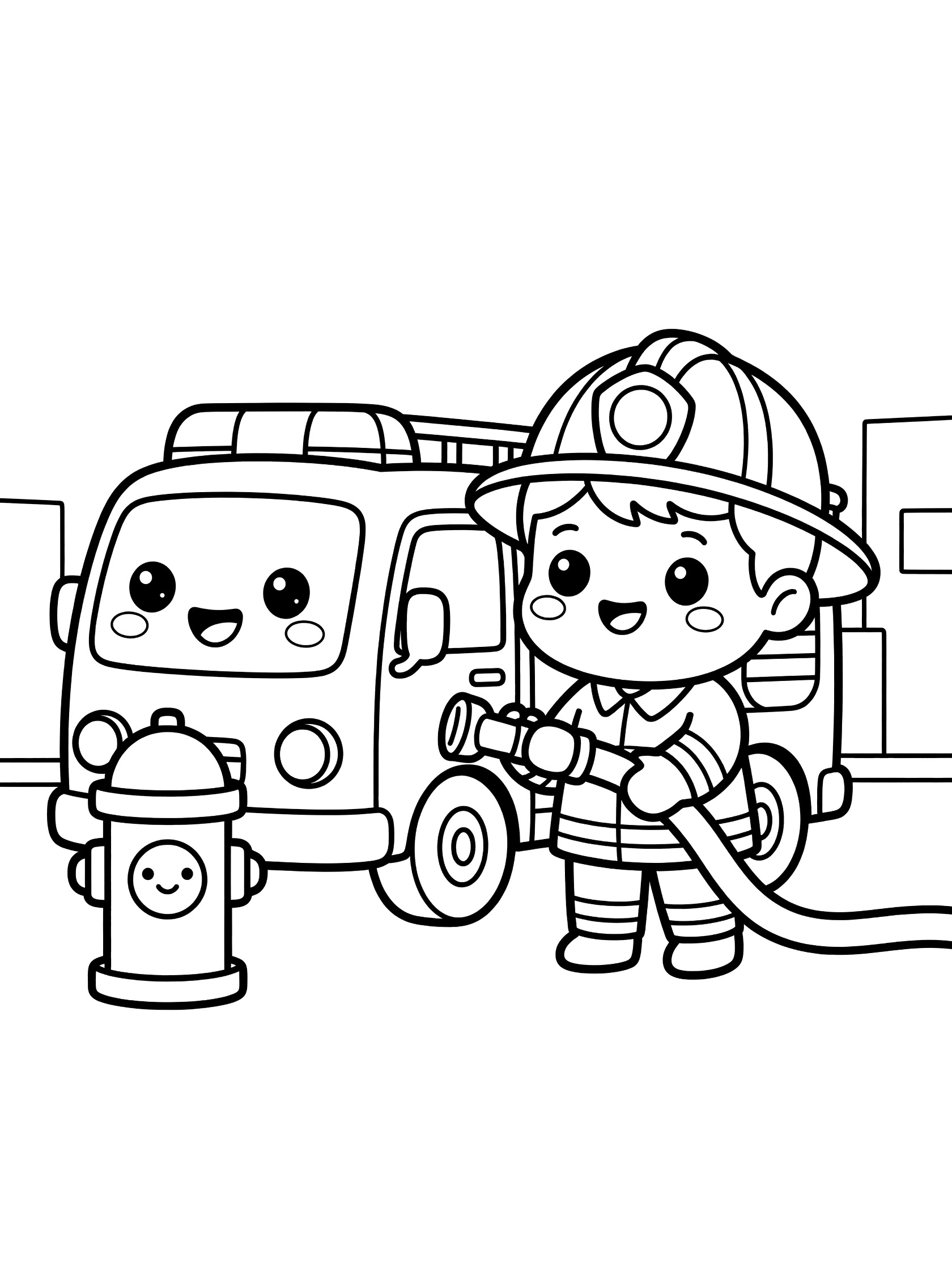 Black and white line art of a chibi-style fire truck with happy eyes at a fire hydrant, and a smiling firefighter in helmet and uniform holding a hose.