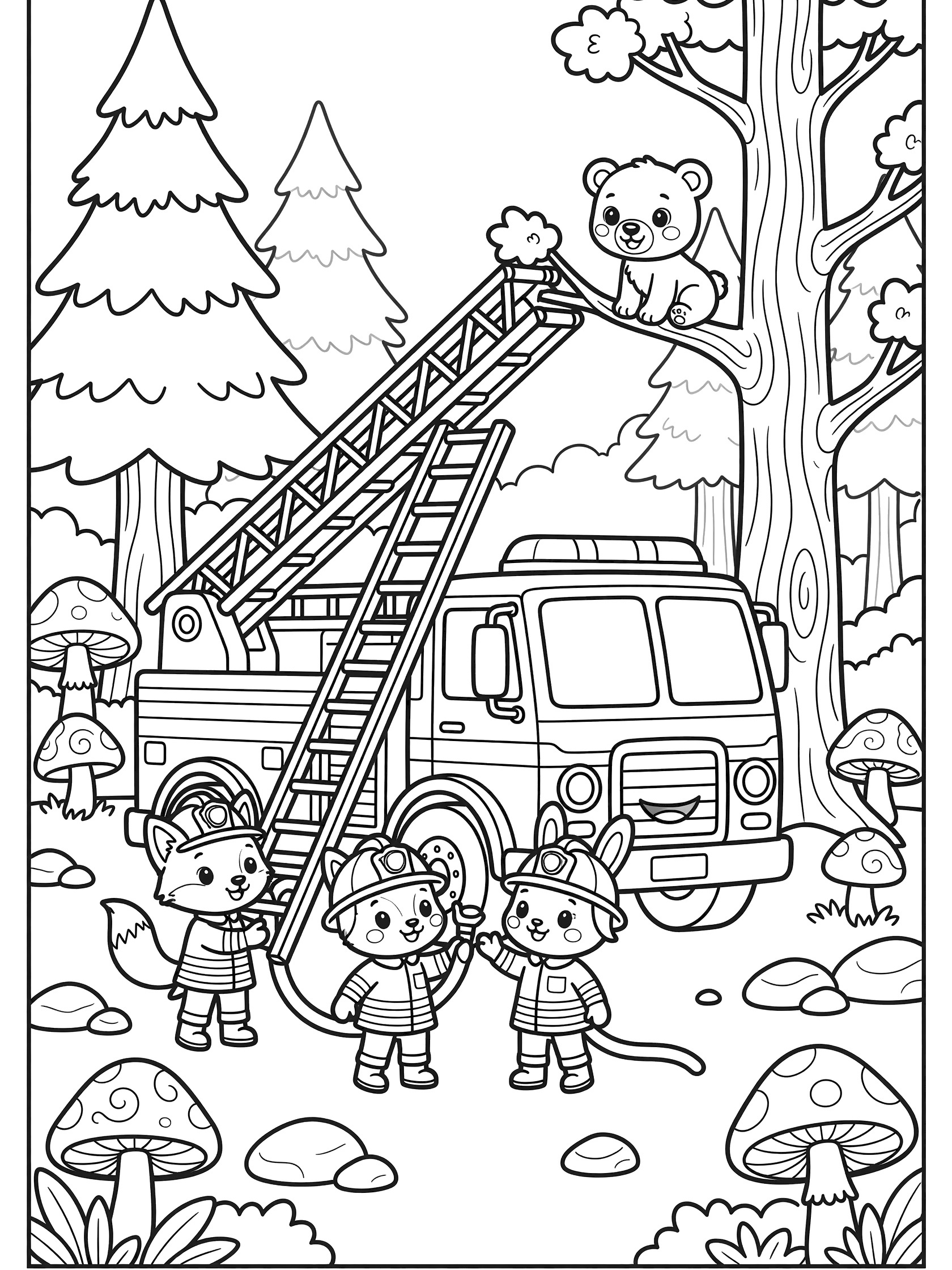 Black and white printable coloring page showing fire truck rescue scene: firefighters on ladder rescuing cute bear cub from tall tree in forest with mushrooms and foxes.