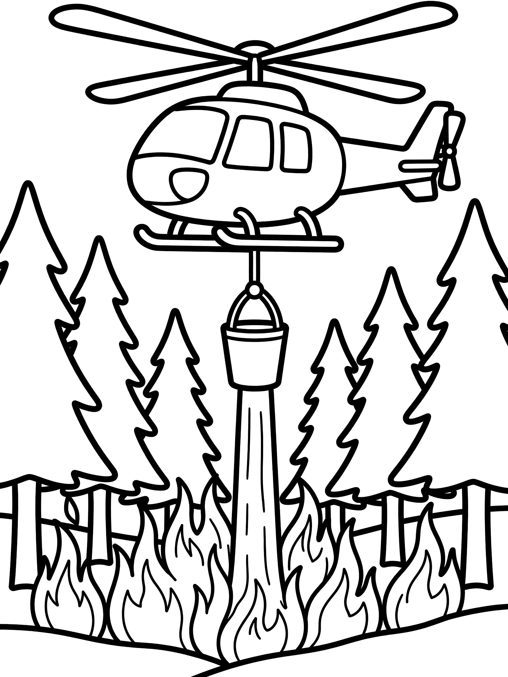 Line art coloring page showing a firefighting helicopter hovering over tall flames in a forest of pine trees, with a water bucket dangling and stream pouring down.