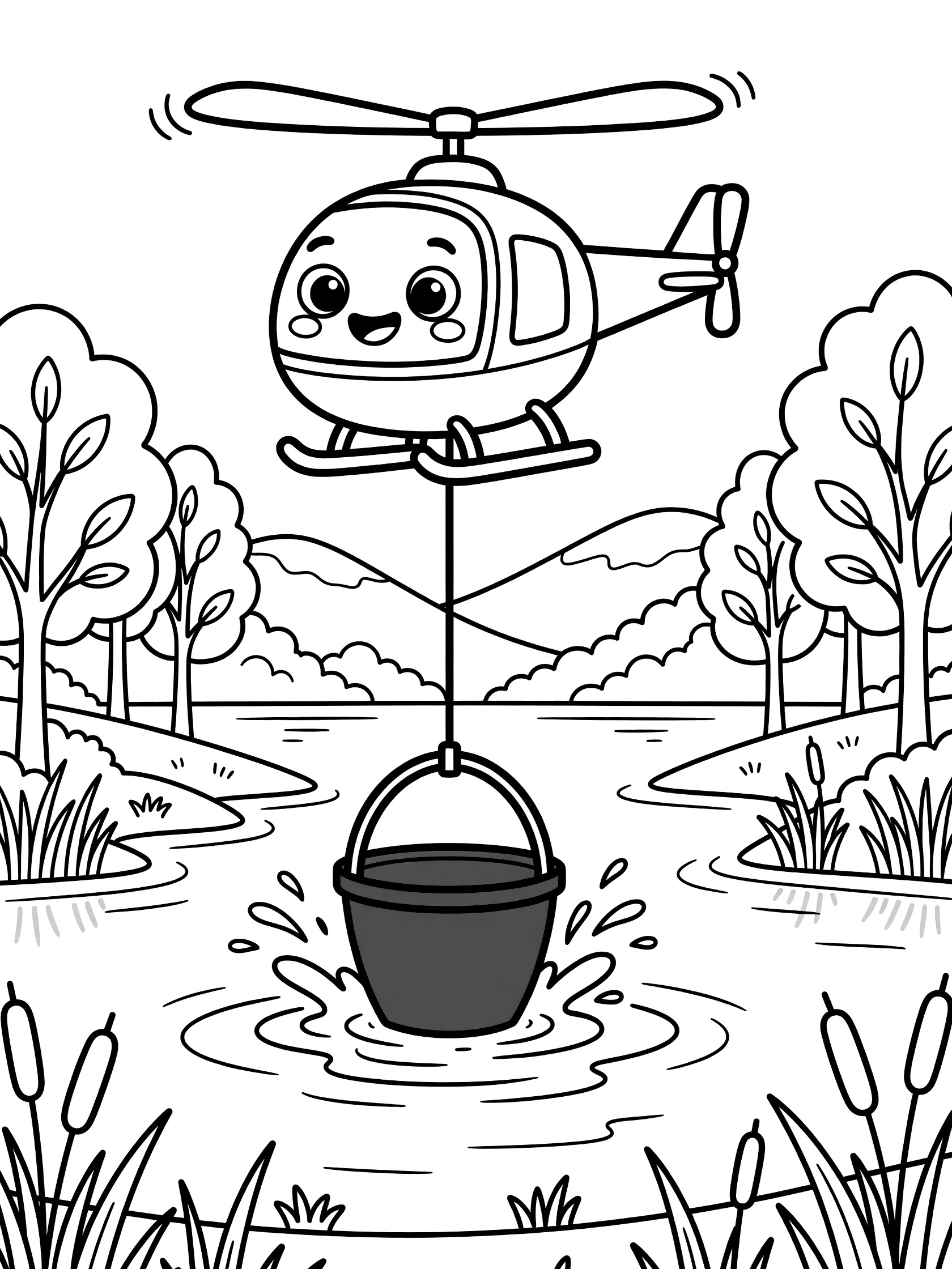 Black and white coloring page showing a happy cartoon firefighting helicopter hovering over a lake, lowering its bucket into the water with splashes, surrounded by trees and reeds in a forest.