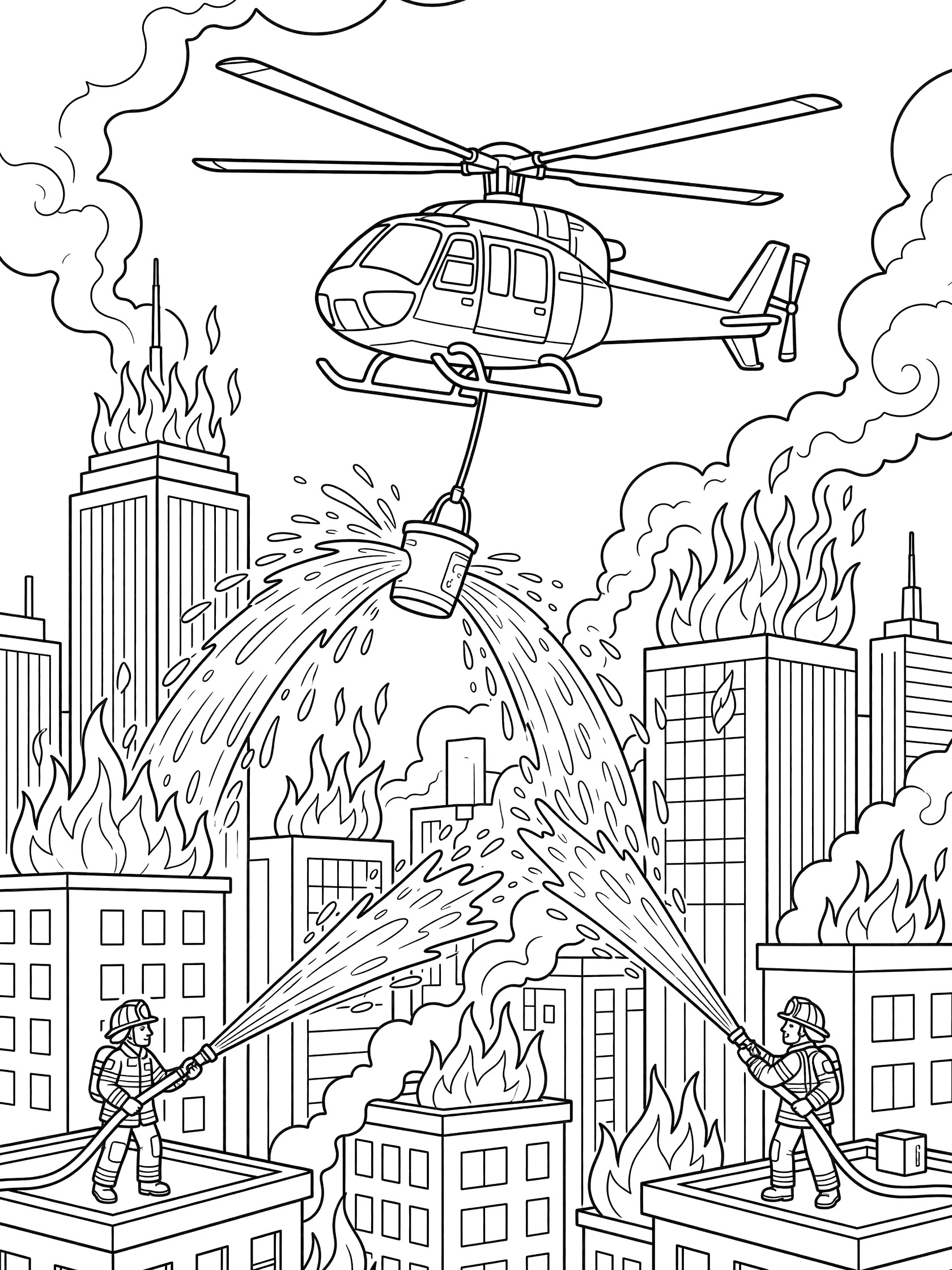 Bold line art coloring page showing a firefighting helicopter hovering over a city fire, dangling water bucket splashing on burning tall buildings, firefighters on rooftops with hoses, urban skyline.