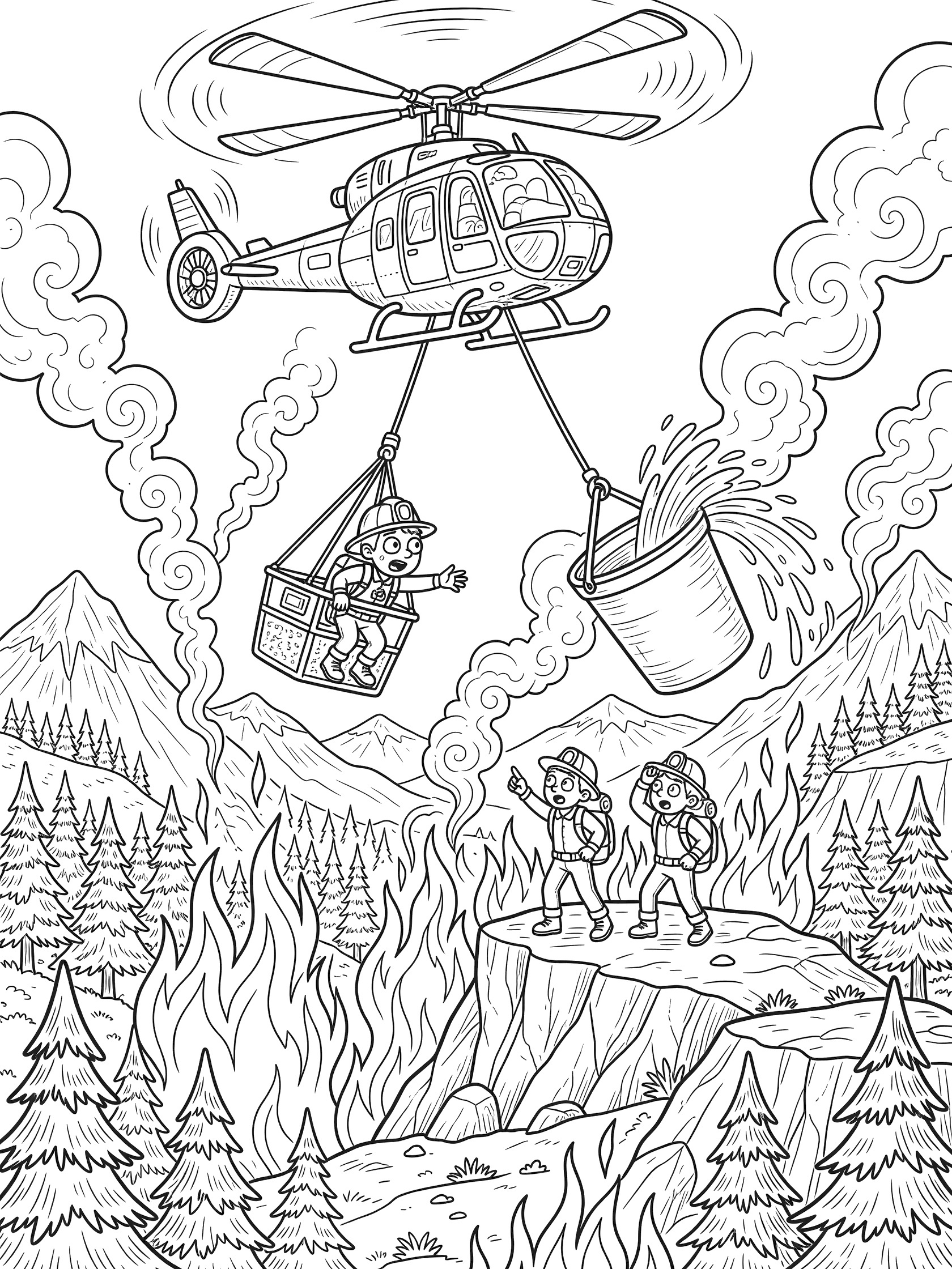 Black and white coloring page of a firefighting helicopter hovering above a blazing forest fire, lowering a rescue basket with firefighter to two hikers on rocks, with swinging water bucket.