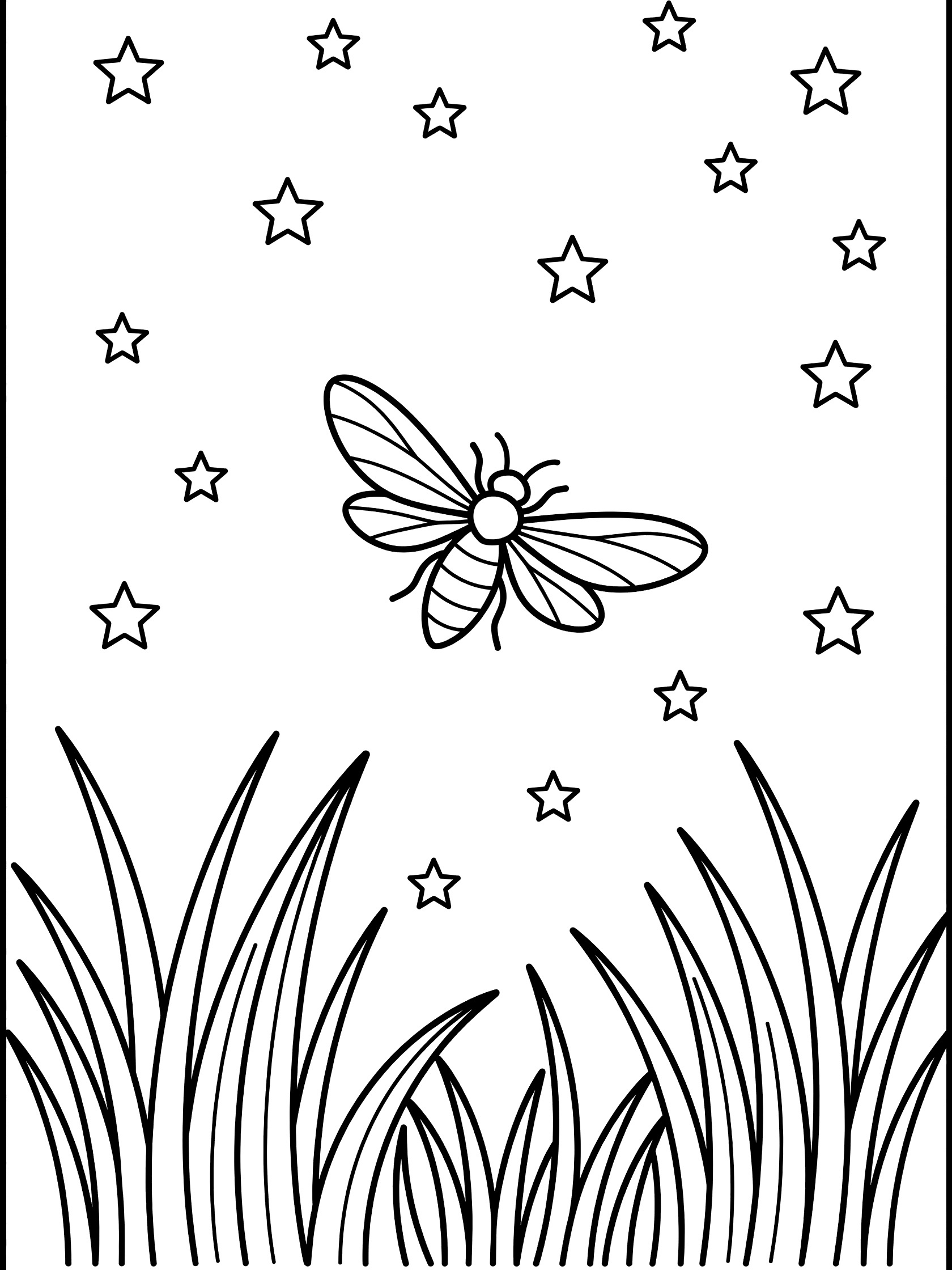 Black and white line art coloring page showing a firefly with spread wings flying in a sky dotted with simple stars, with tall grass blades at the bottom.