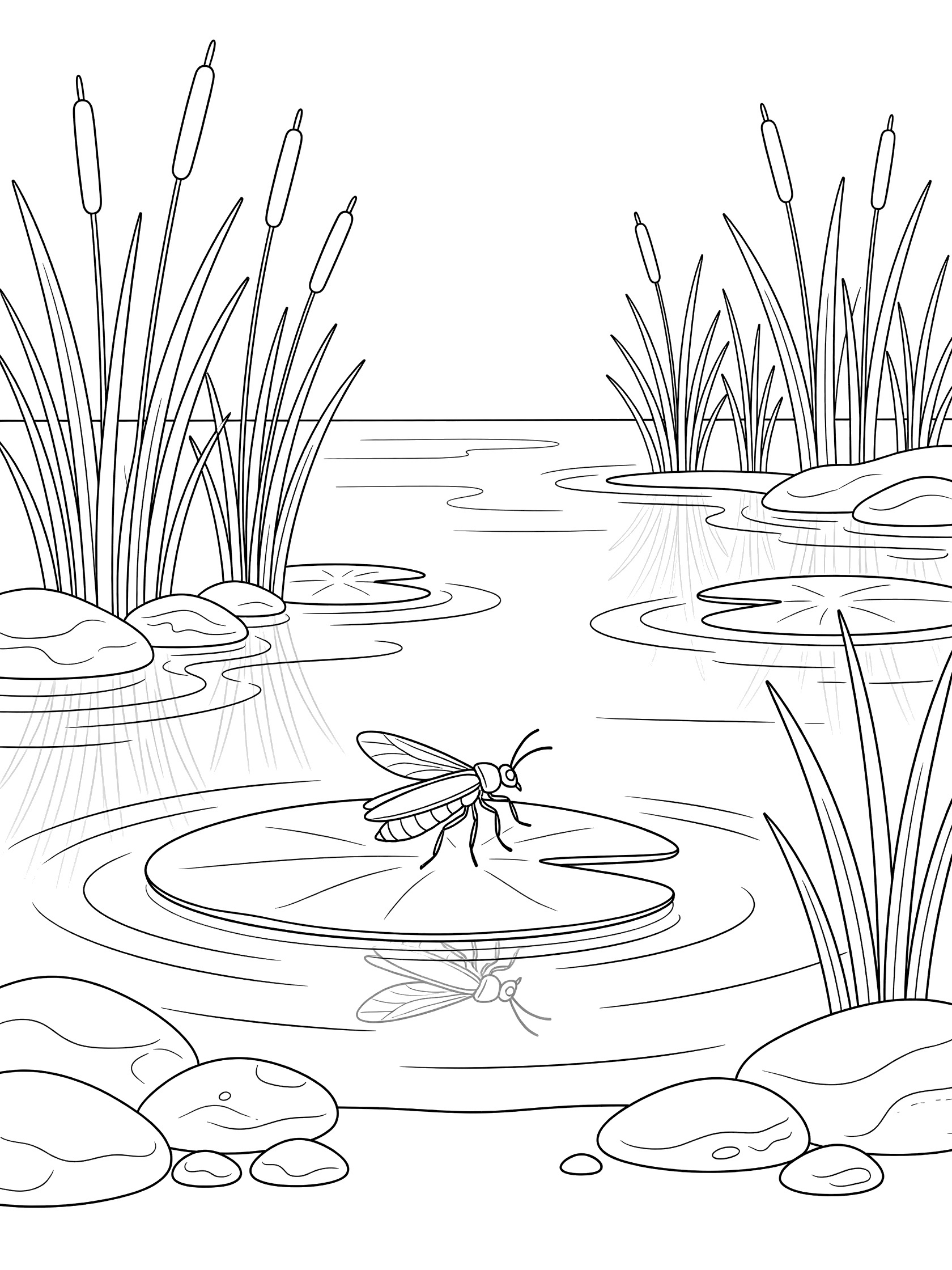 Black and white line art coloring page showing a firefly sitting on the edge of a lily pad in a pond, with reeds, pebbles, water ripples, and lily pad reflections.