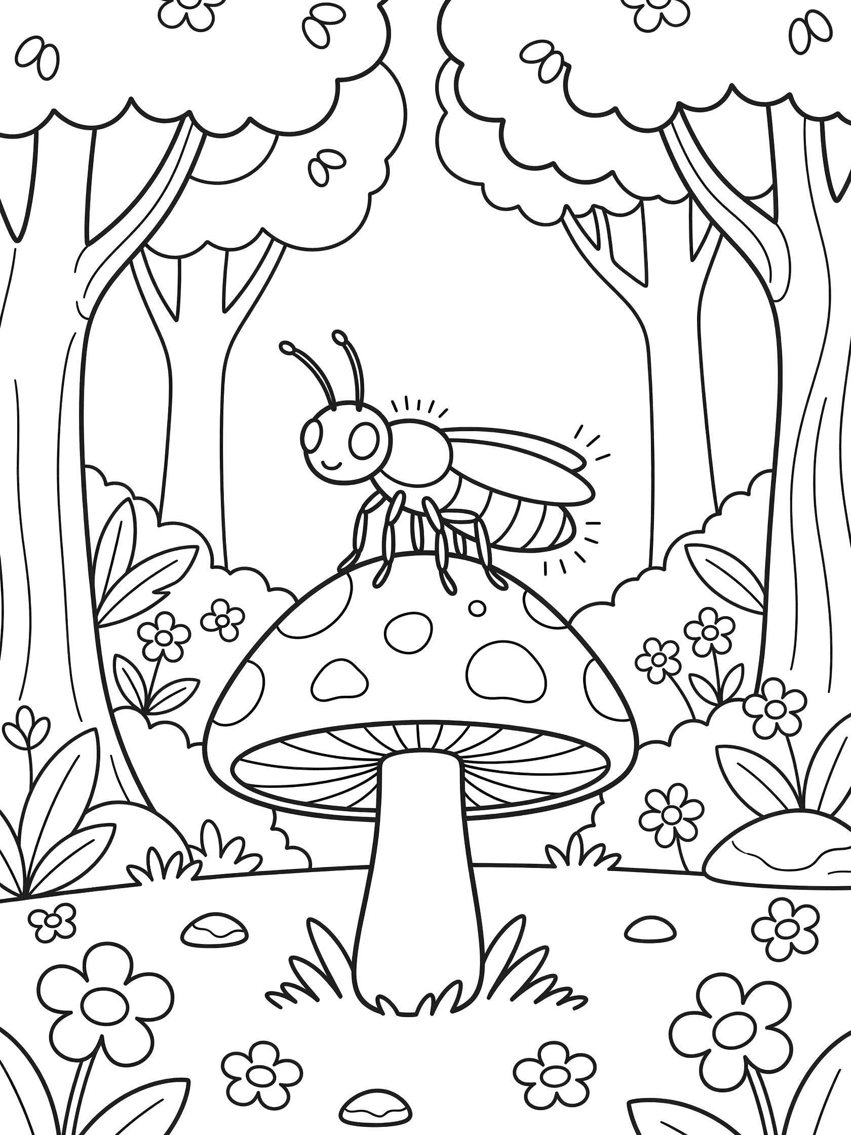 Black and white line art coloring page showing a firefly perched on a spotted mushroom cap surrounded by forest trees, grass, flowers, and leaves.