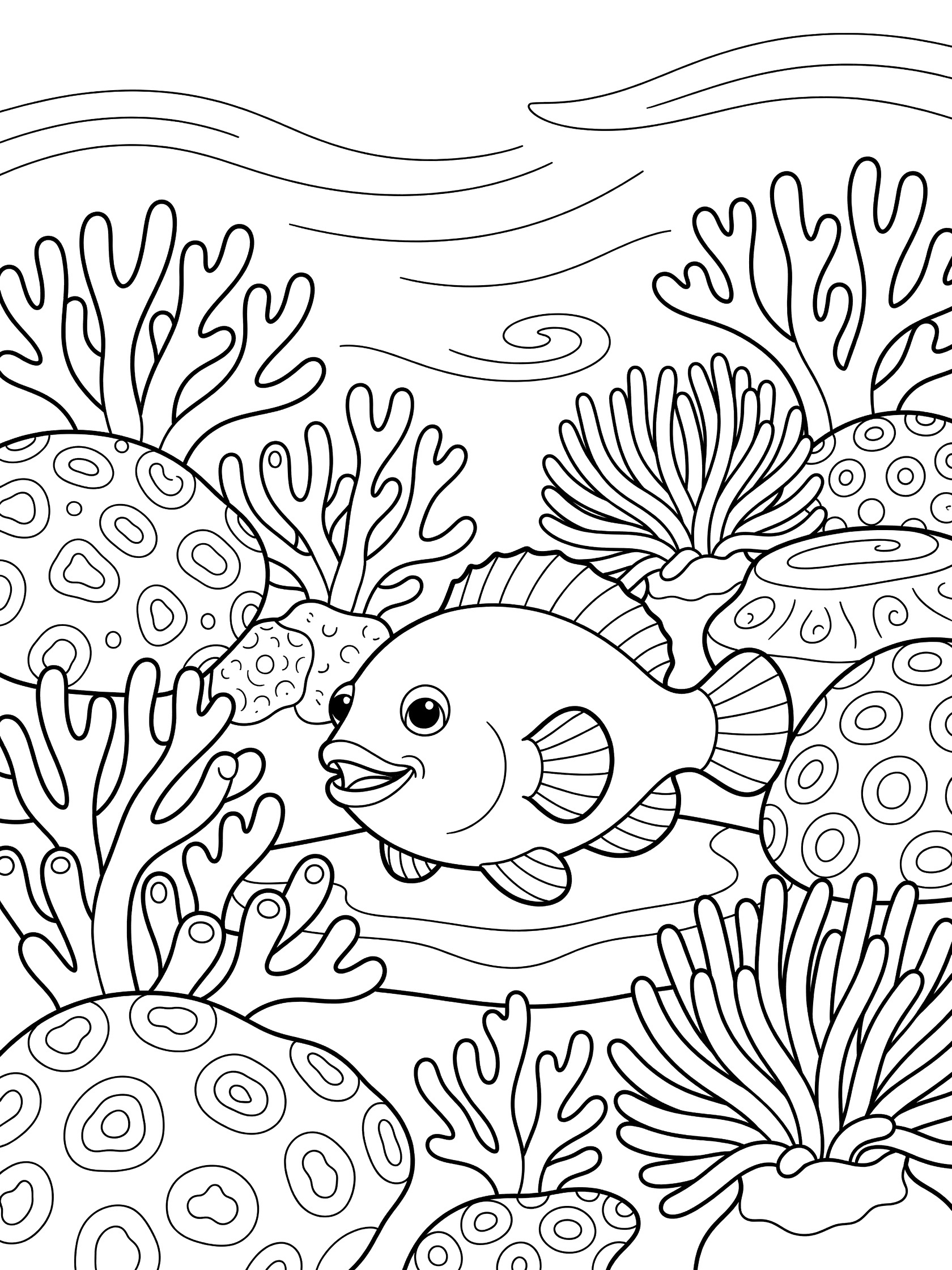 Black and white line art coloring page showing a round fish with big eyes next to coral shapes and wavy sea plants on a reef. Flounder themed black and white printable line art