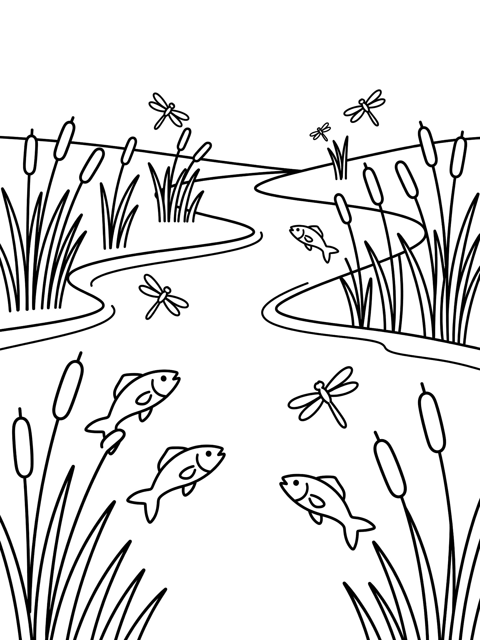 Black and white line art coloring page showing a winding pond or river with several fish jumping out of the water, dragonflies flying above, and tall reeds along the edges. Euphrates River themed black and white printable line art