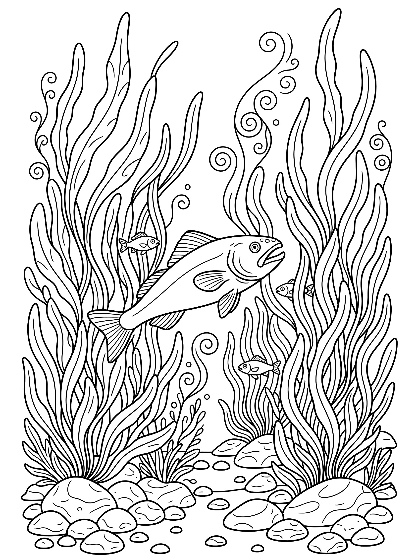 Black and white line art coloring page showing a large fish with open mouth swimming through tall wavy seaweed strands, small fish nearby, and scattered pebbles on the bottom. Remora themed black and white printable line art