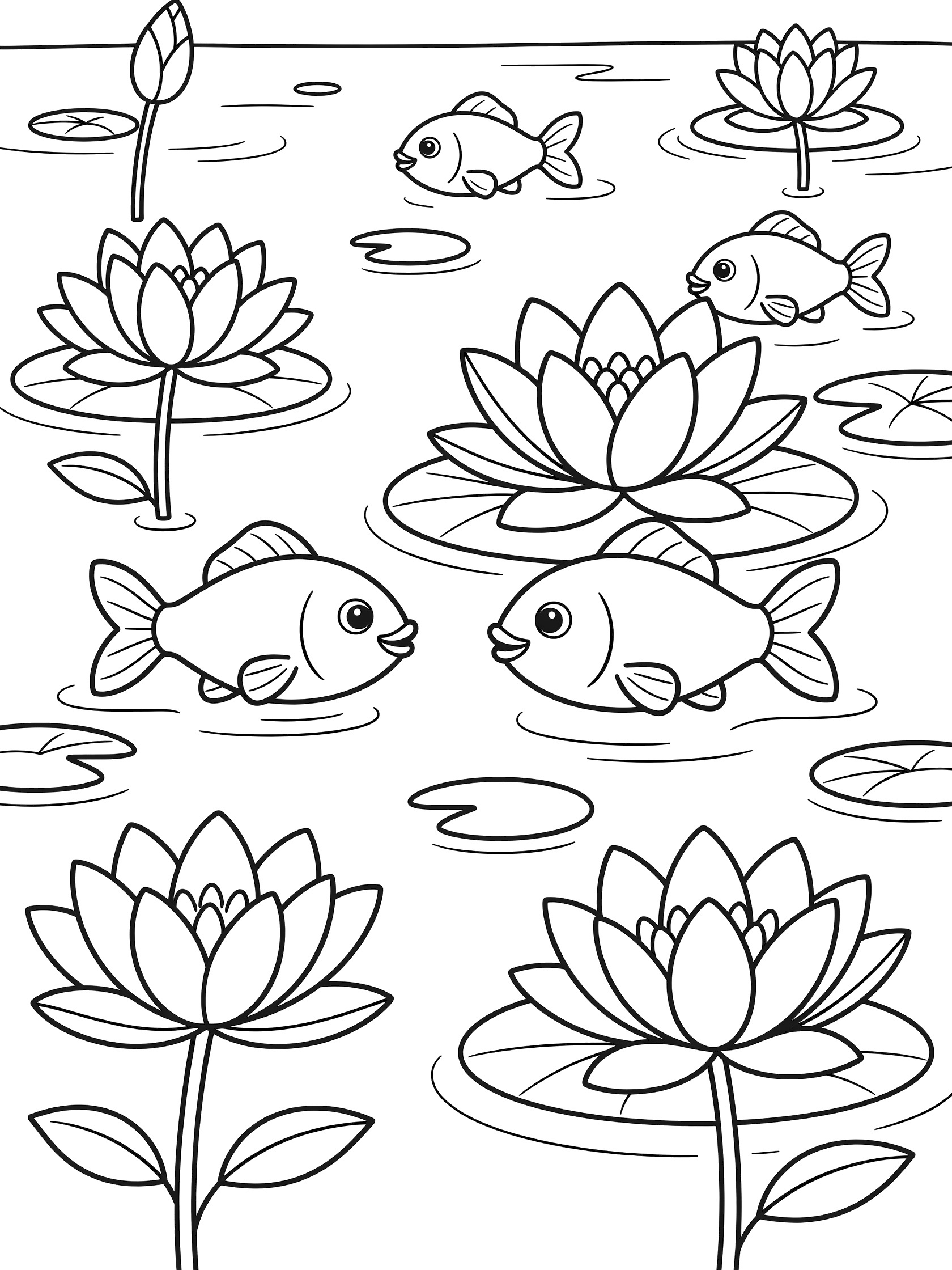Black and white line art coloring page showing cartoon fish swimming among large water lily flowers and green leaves on water surface. Yangtze River themed black and white printable line art