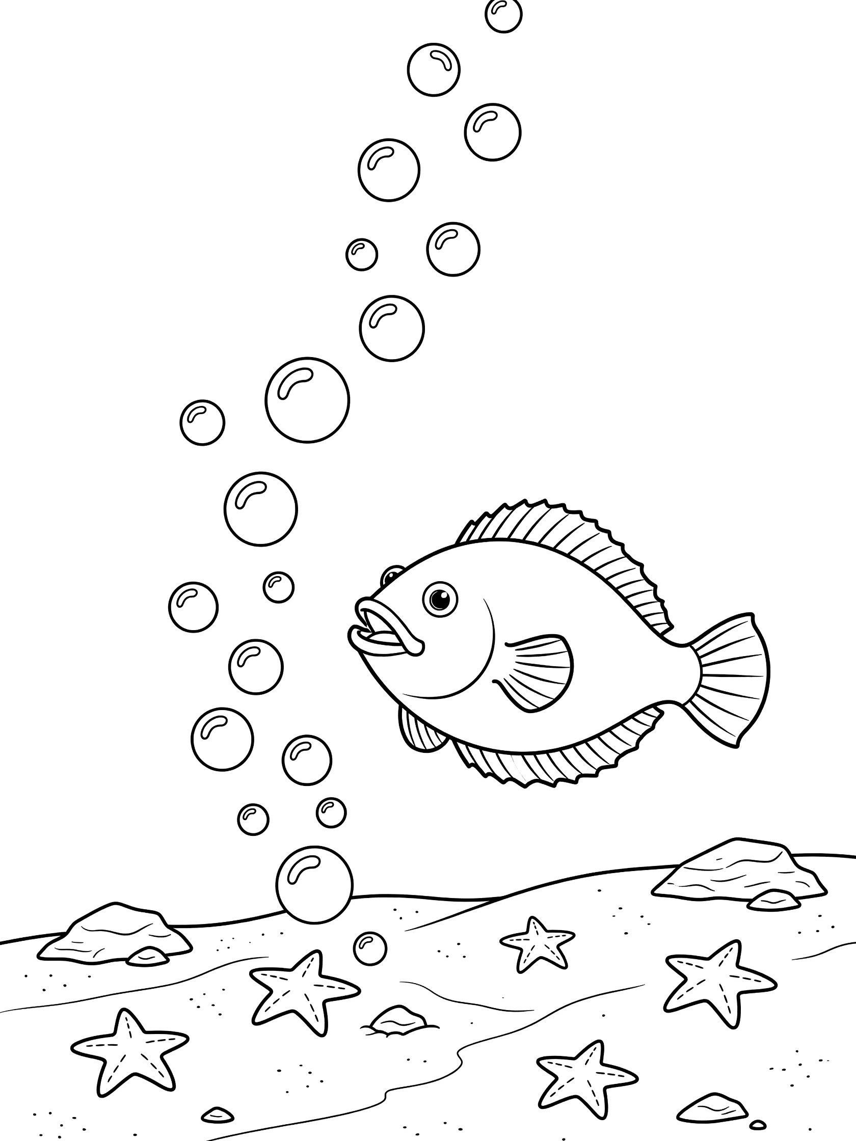 Black and white line art coloring page showing a flat fish with fins chasing a trail of bubbles rising from sandy ocean bottom with scattered rocks and starfish. Flounder themed black and white printable line art