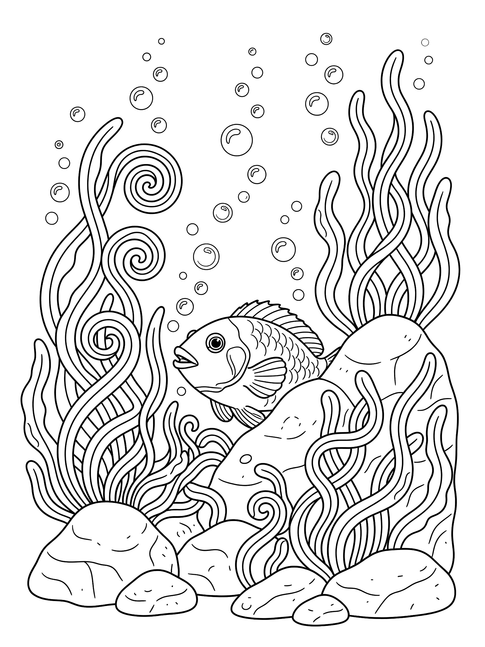 Black and white line art coloring page showing a fish with open mouth hiding among curly seaweed, rocks, and rising bubbles. Parrotfish themed black and white printable line art