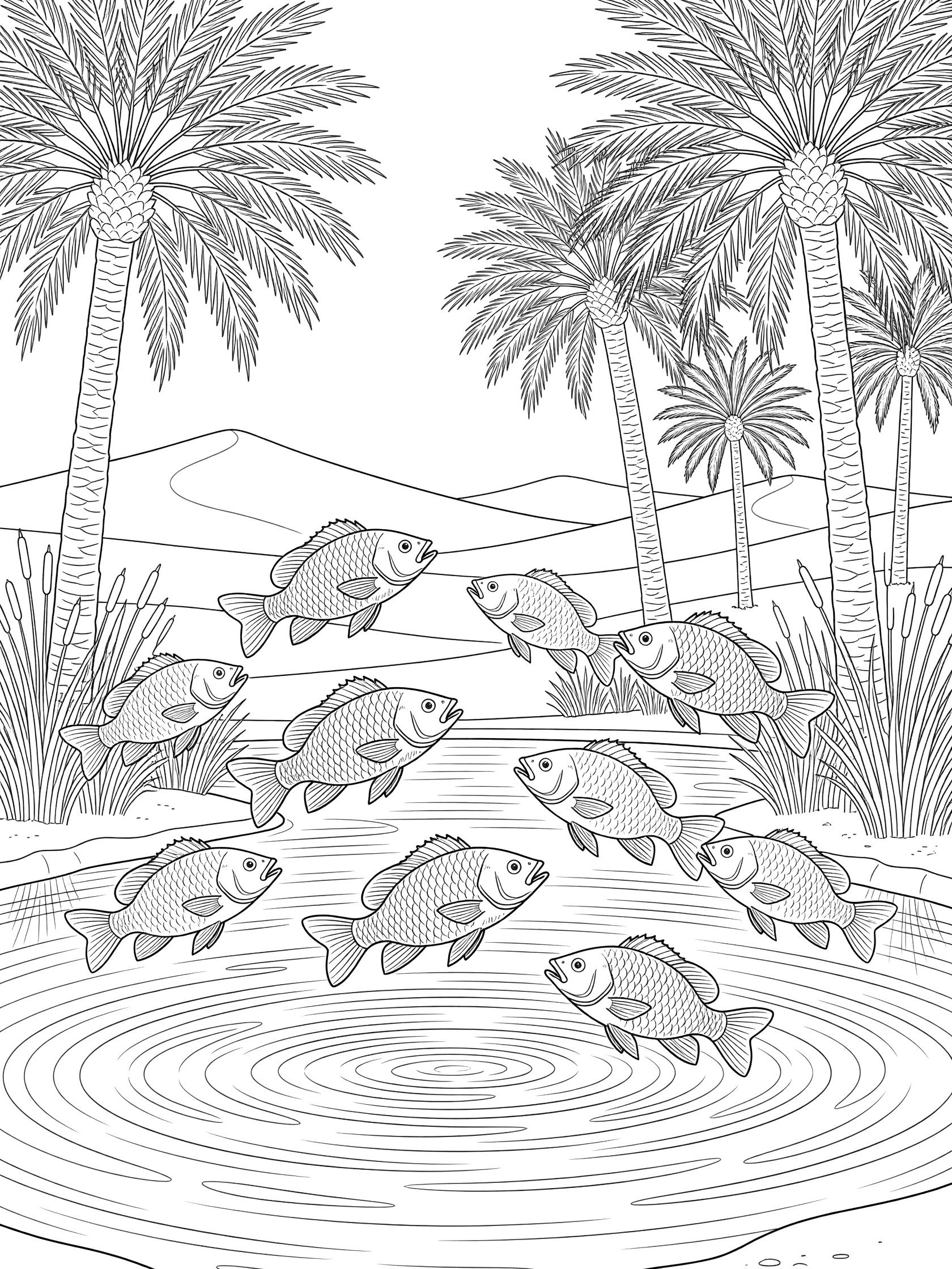 Black and white line art of a school of fish leaping from a rippling oasis pond with date palms, reeds, and sand dunes in the background.