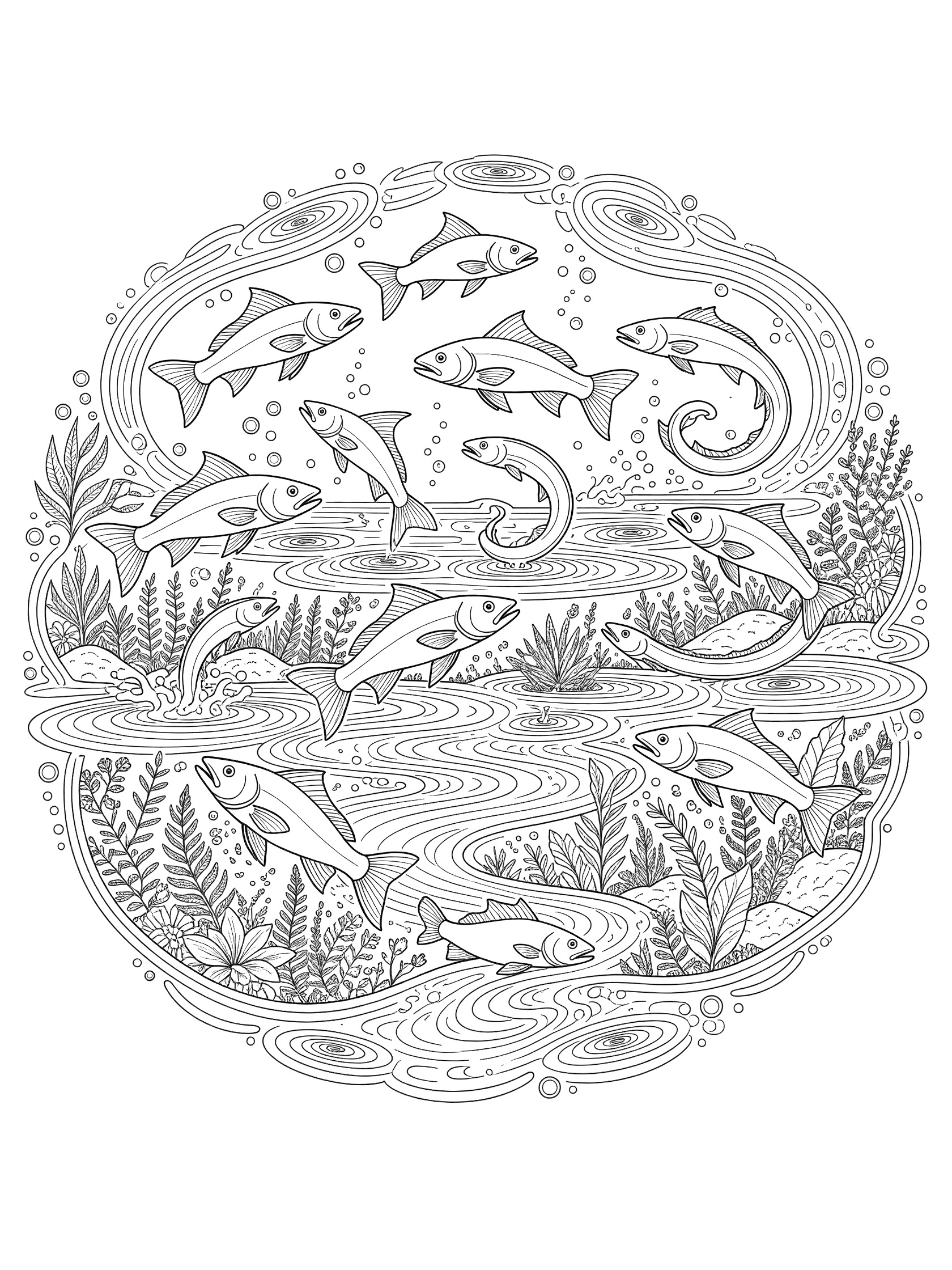 Black and white line art coloring page showing multiple fish leaping from a river with wavy water lines, underwater plants, bubbles, and ripples in a circular design. Congo River themed black and white printable line art