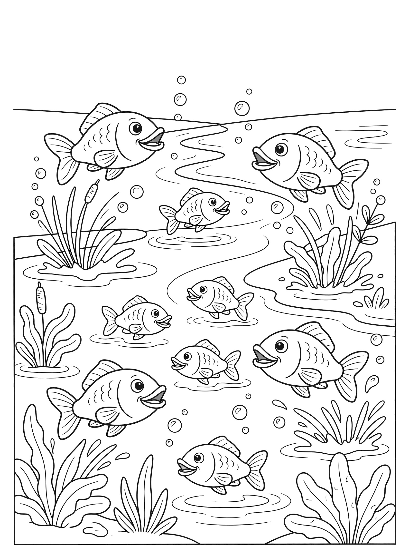 Black and white line art coloring page showing several cartoon fish swimming in a pond with wavy water lines, bubbles, tall reeds, and plants. Danube River themed black and white printable line art