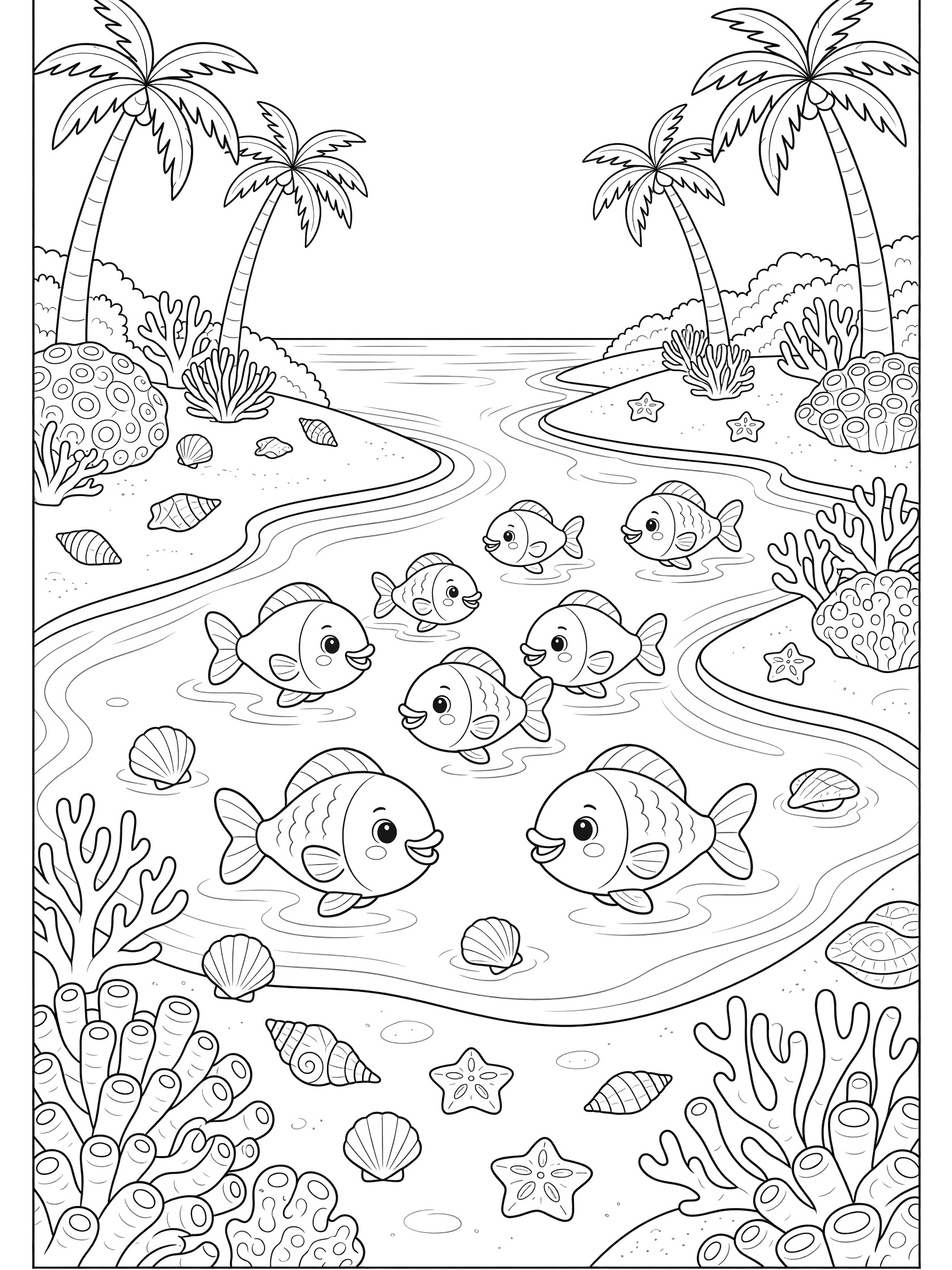 Printable coloring page showing happy fish swimming in a clear lagoon on a beach with palm trees, coral reefs, seashells, and rippling water. Desert Islands themed black and white printable line art