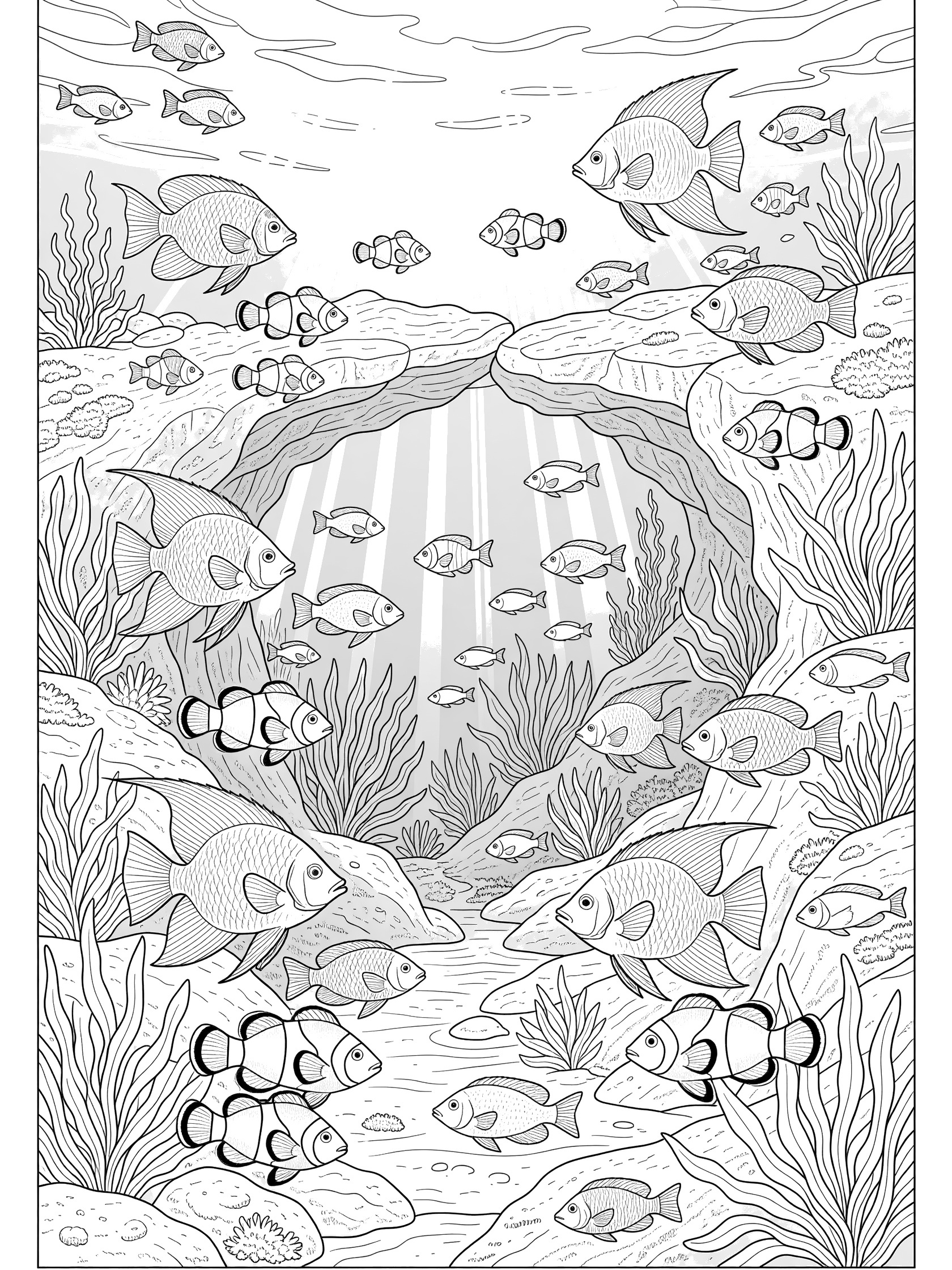 Black and white line art coloring page showing schools of fish swimming inside a rocky underwater cave with seaweed, rocks, and beams of light from above. Maya Bay themed black and white printable line art