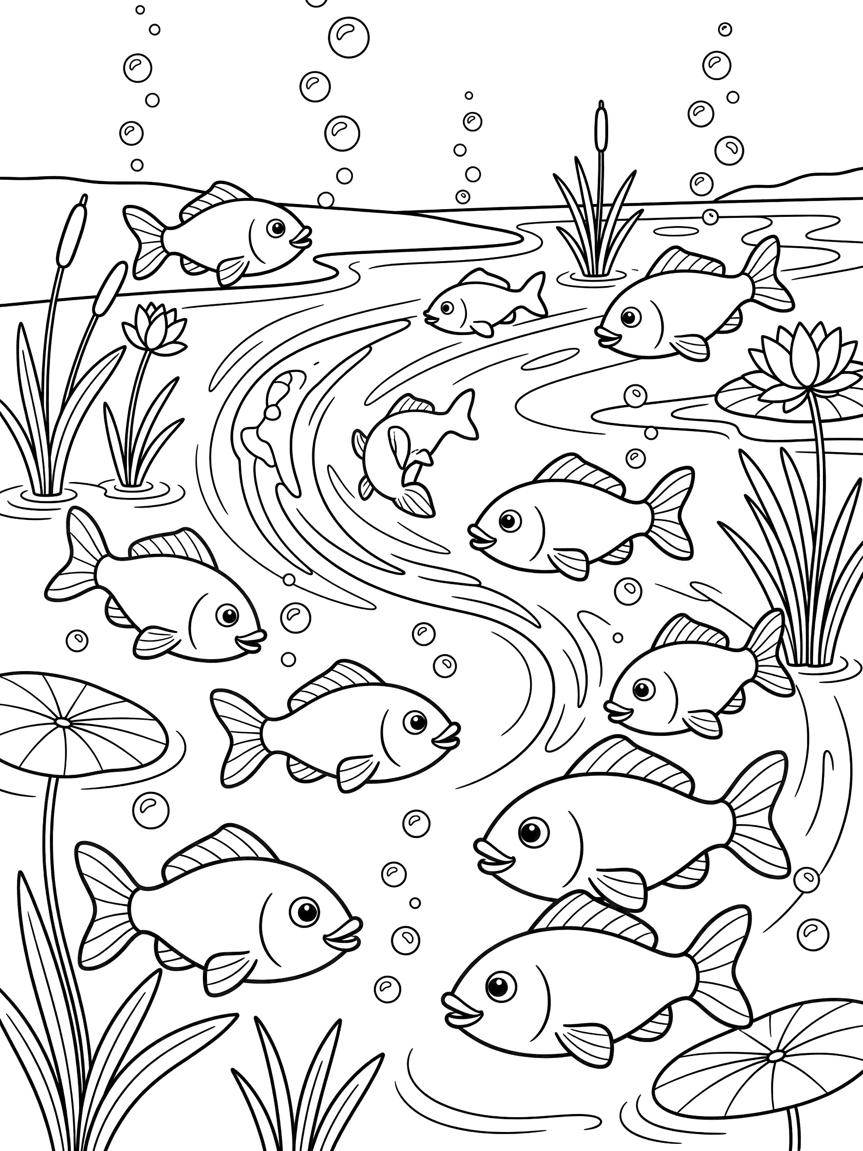 Black and white line art coloring page showing a group of fish swimming in a pond with large lily pads, tall reeds, bubbles, and wavy water lines. Ganges River themed black and white printable line art