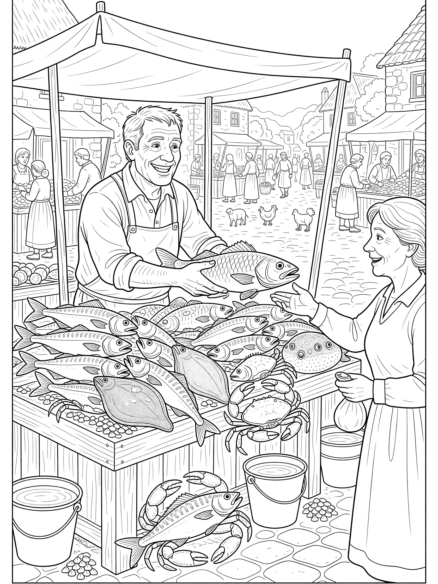 Black-and-white coloring page of a smiling fisherman behind a market stall full of fish, handing one to a happy customer, with buckets and crabs on display.