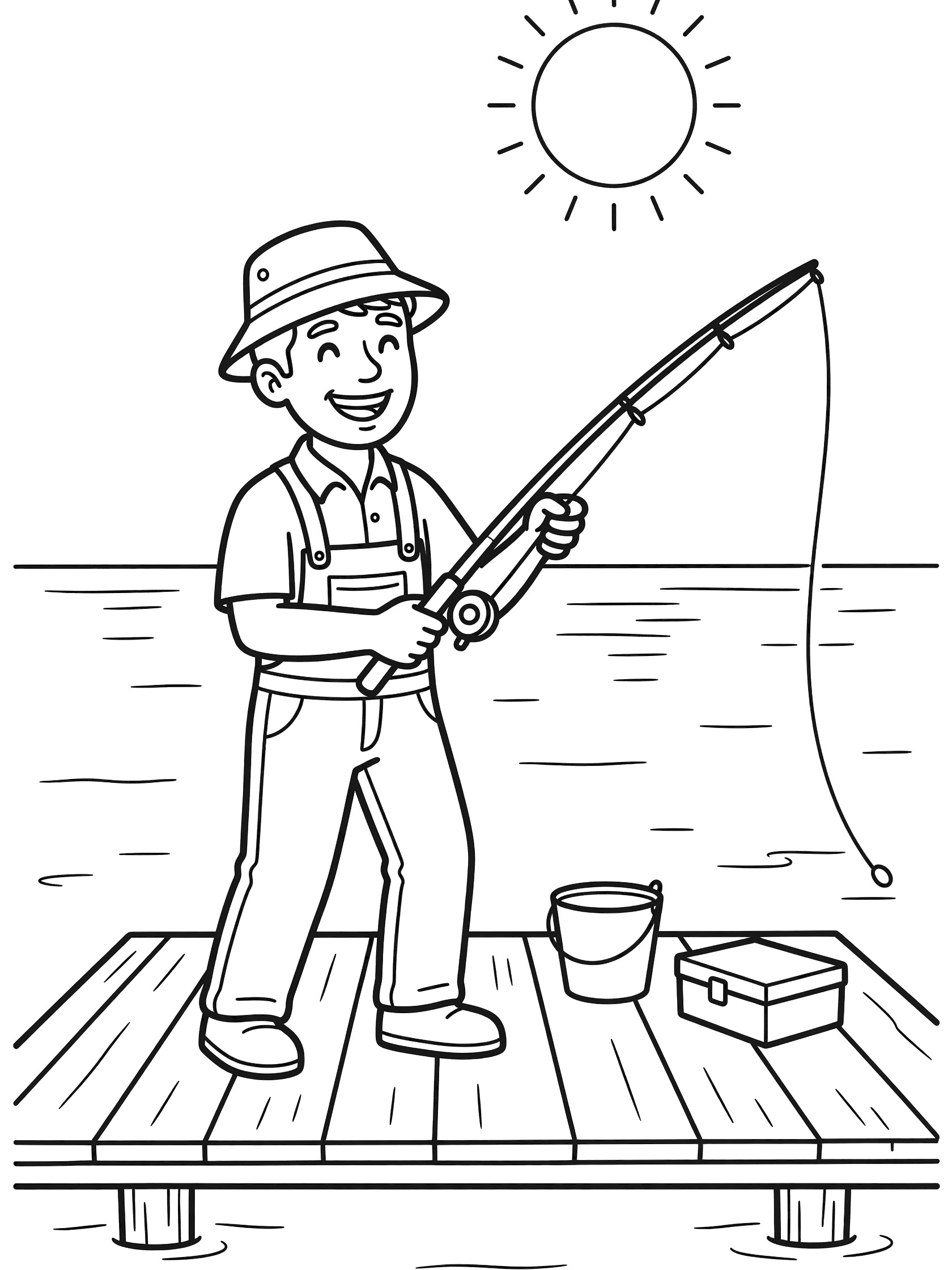 Black and white line art of a smiling fisherman in overalls and hat casting a fishing line from a sunny dock with bucket and bait box nearby