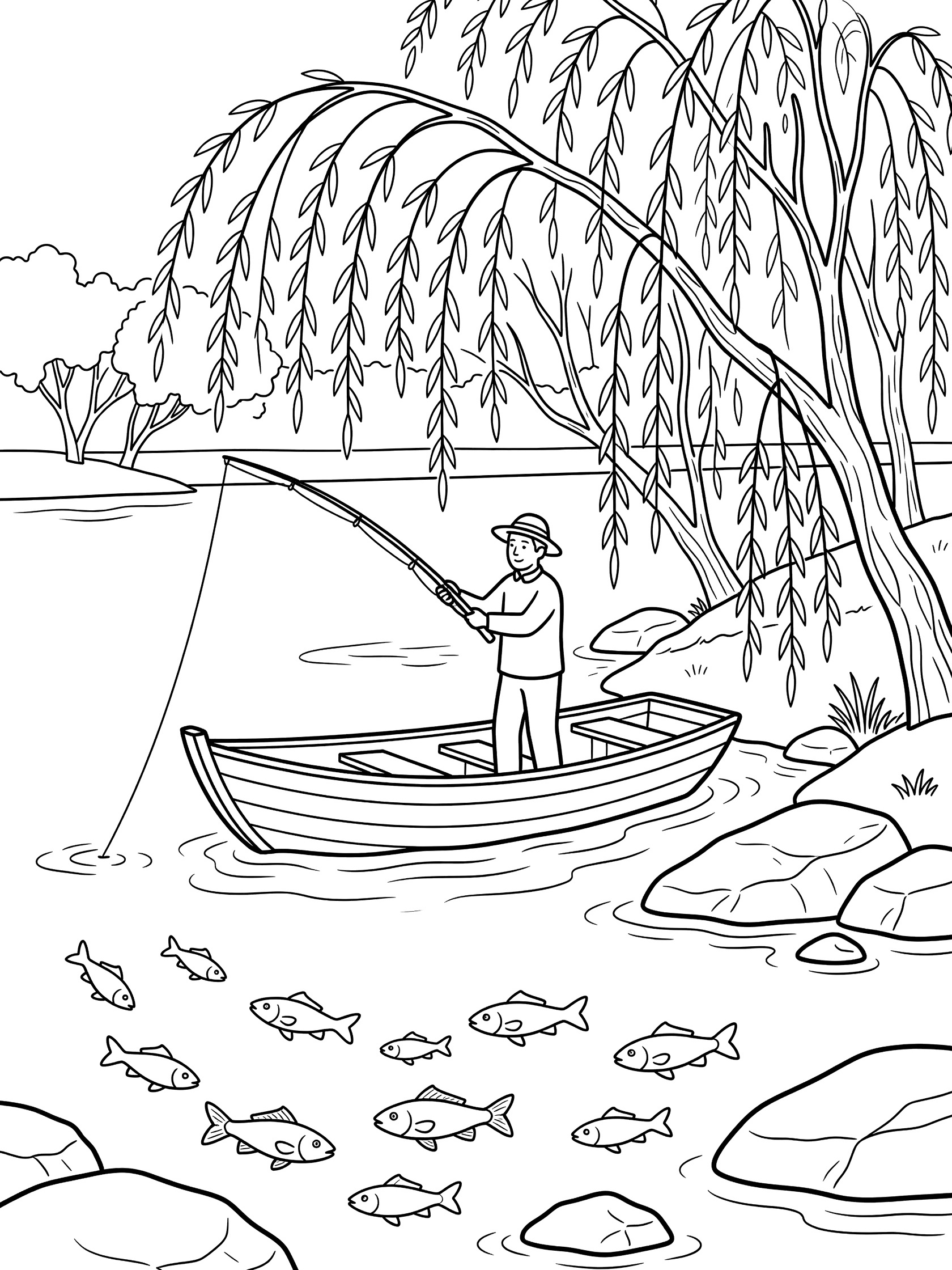 Black and white line art coloring page showing a fisherman standing in a small boat casting a fishing line into the water with swimming fish below, overhanging willow trees, and rocks along the edge